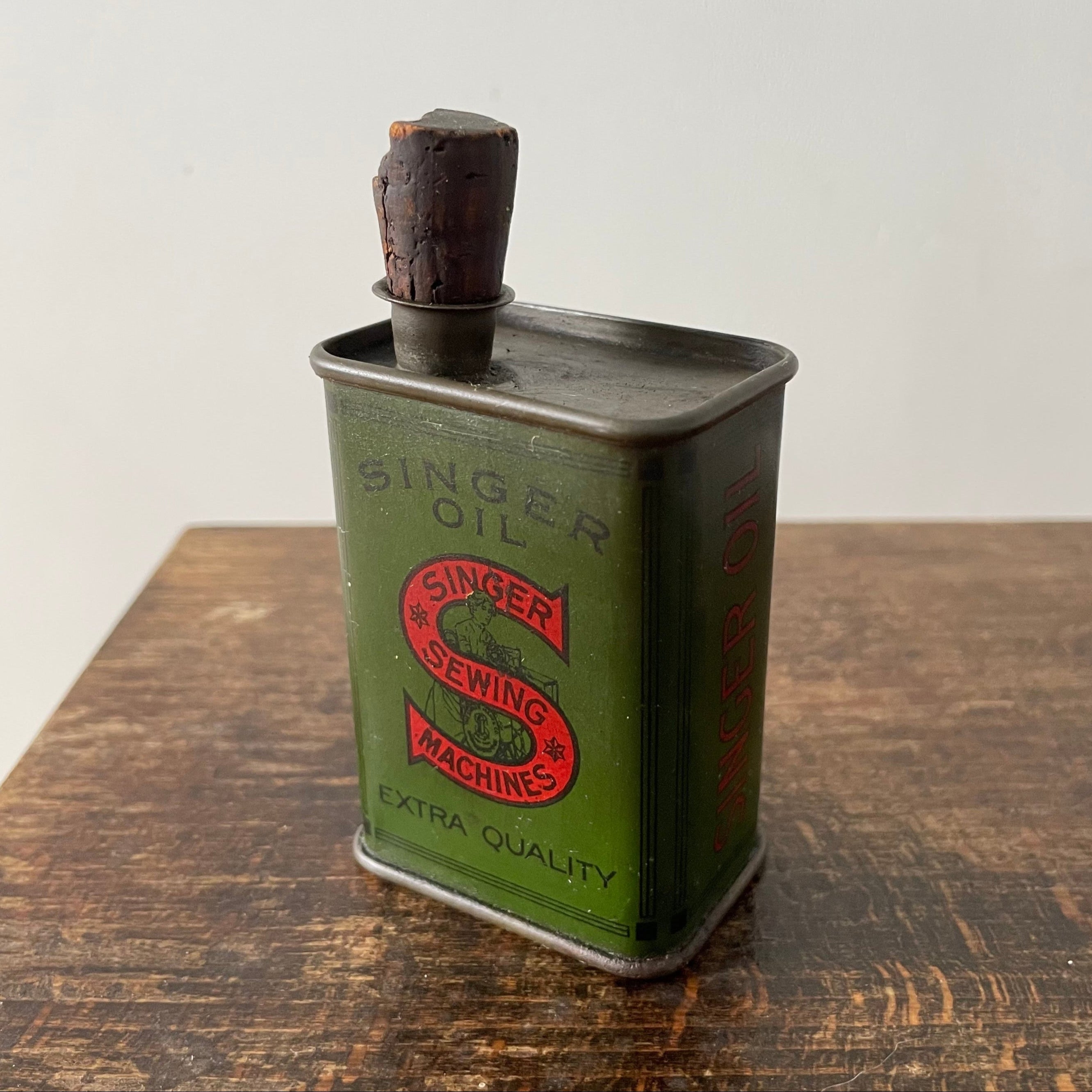 Rare Early Singer Sewing Machine Oil Can – Square Metal with Cork Stopper – c.1920s–30s