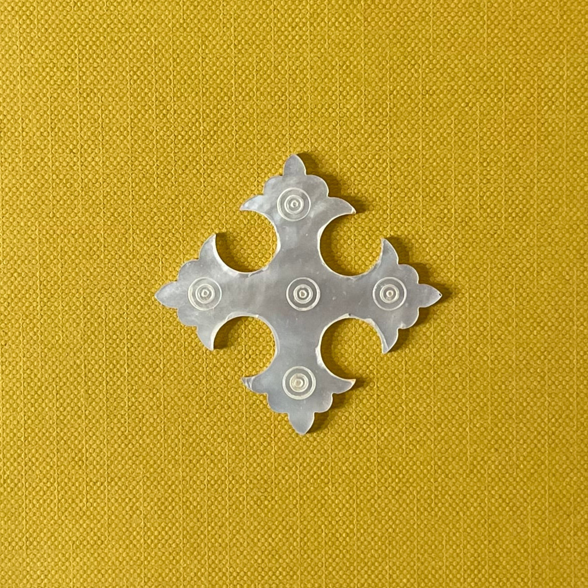 Antique Mother of Pearl Thread Winder – Gothic Cross with Circular Engraving c.1850