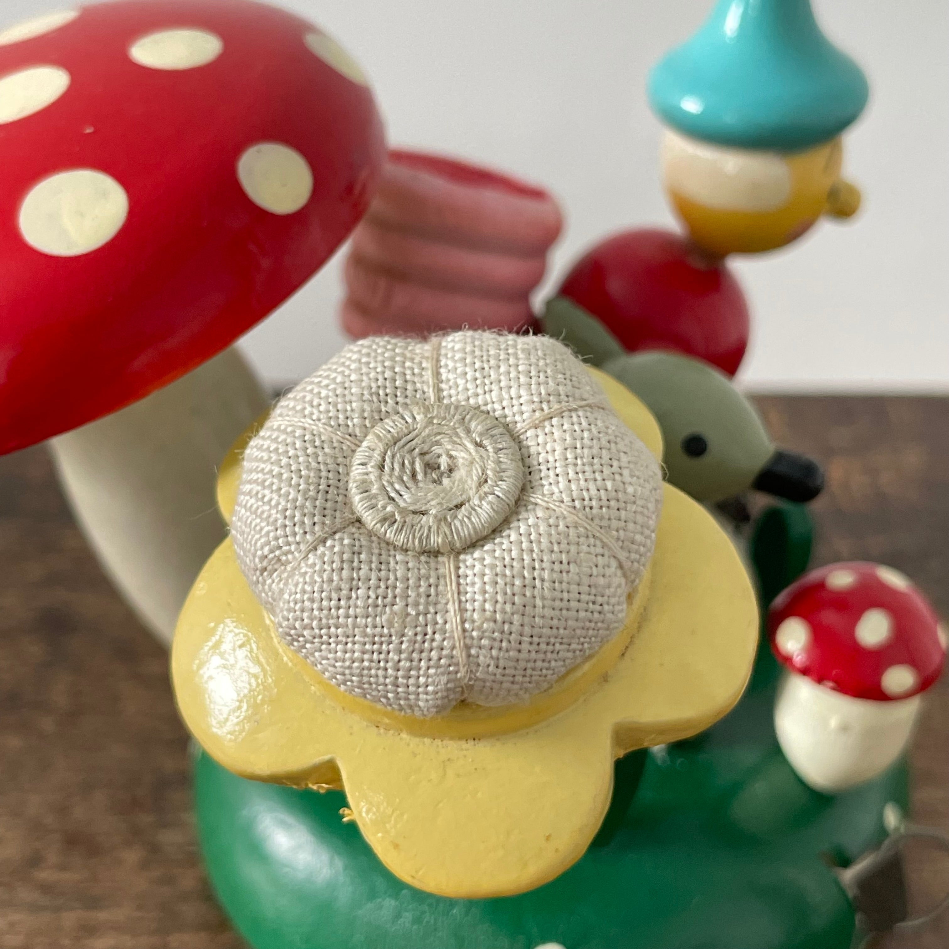 Vintage Wooden Gnome Sewing Caddy – Darning Mushroom, Tape & Thimble – FOREIGN