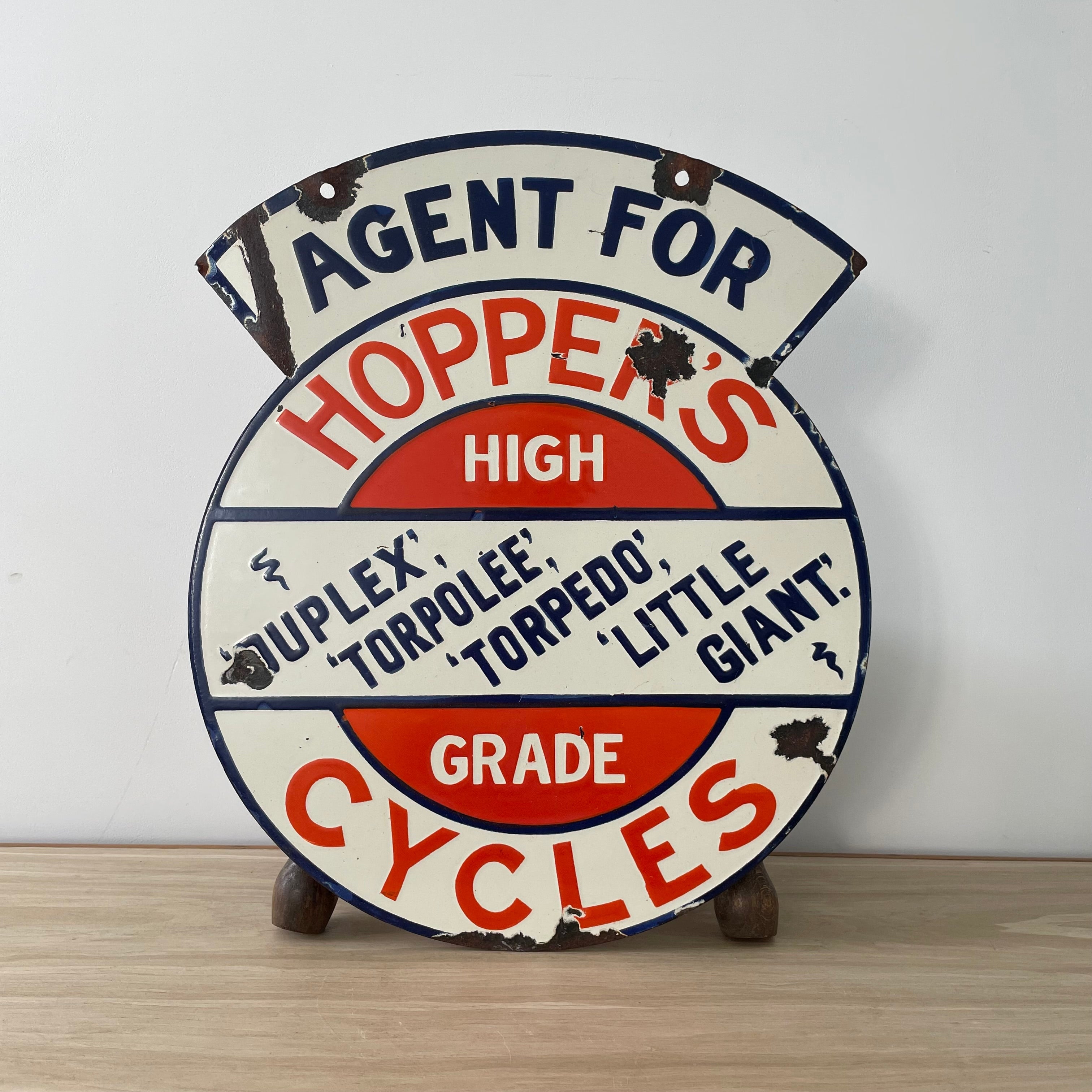 Genuine Original Enamel Hopper’s Cycles Advertising Sign – Bicycle Agent Porcelain Sign c.1930s
