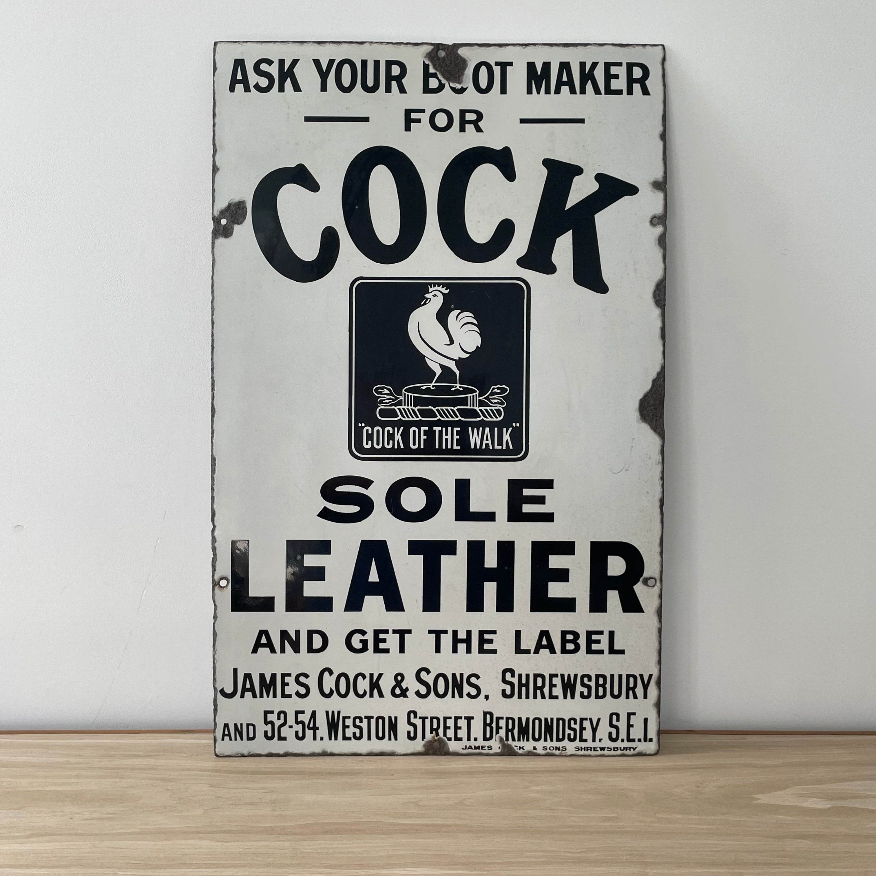 Rare Original Enamel Sign – ‘Cock of the Walk’ Leather – James Cock & Sons Bootmaker Advertising