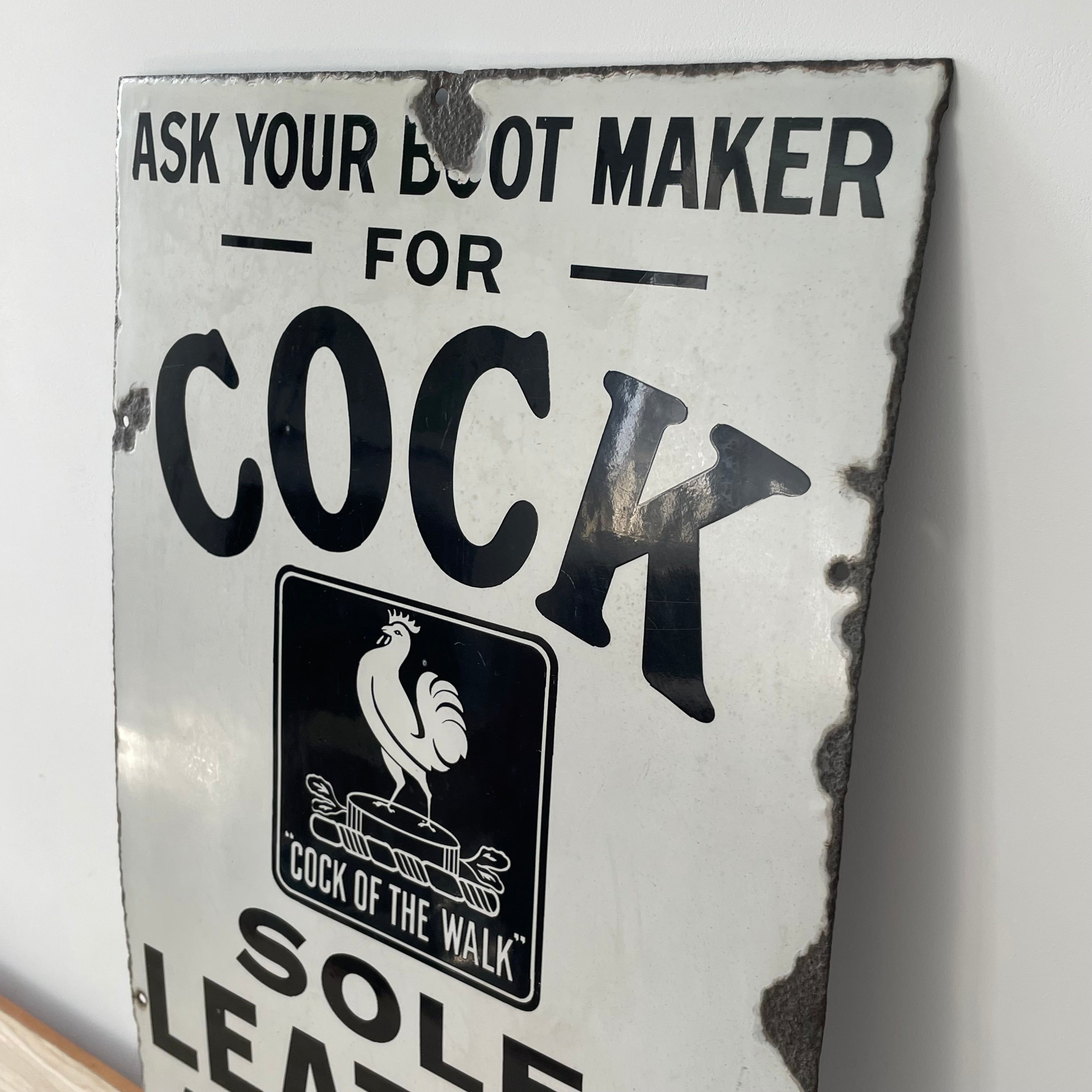 Rare Original Enamel Sign – ‘Cock of the Walk’ Leather – James Cock & Sons Bootmaker Advertising