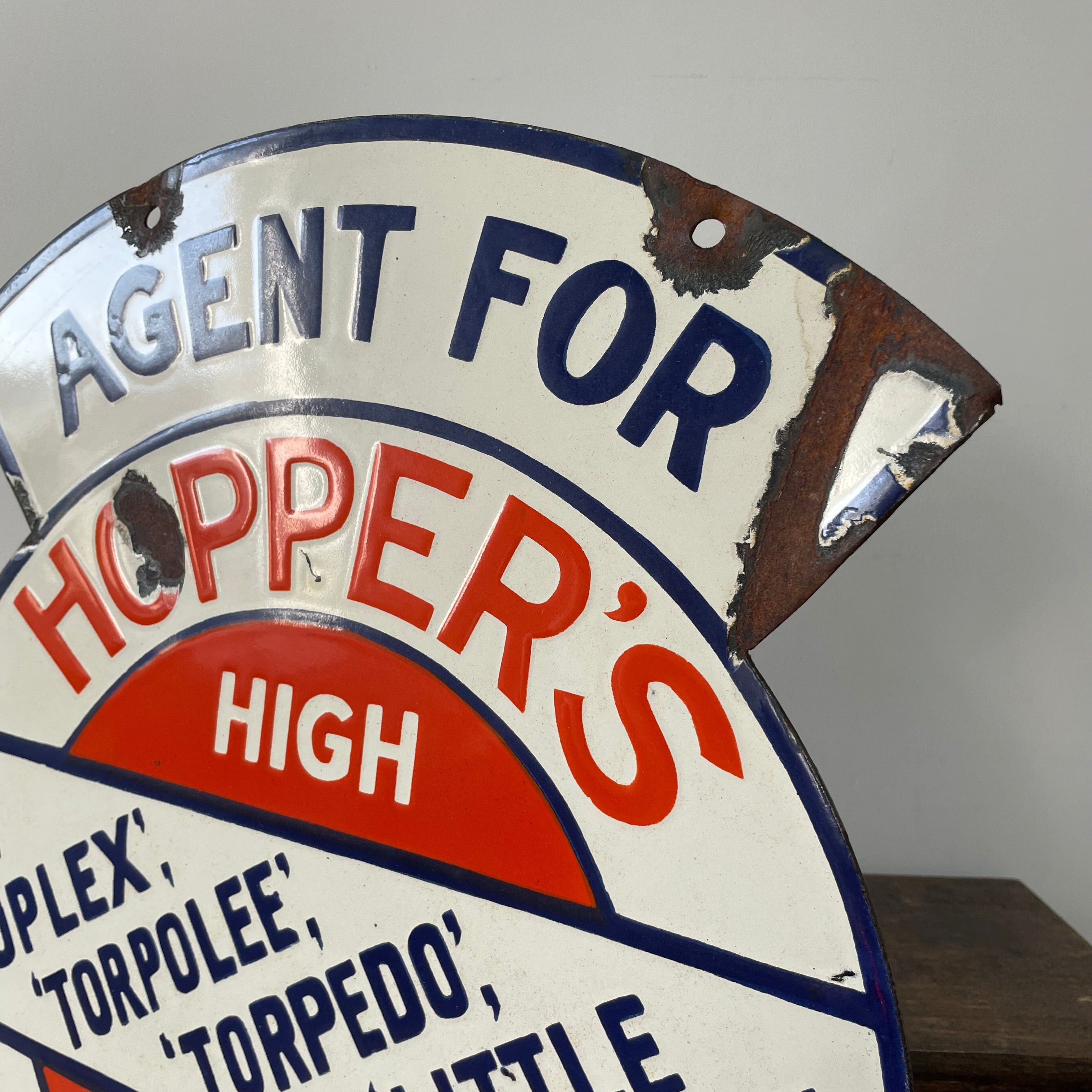 Genuine Original Enamel Hopper’s Cycles Advertising Sign – Bicycle Agent Porcelain Sign c.1930s