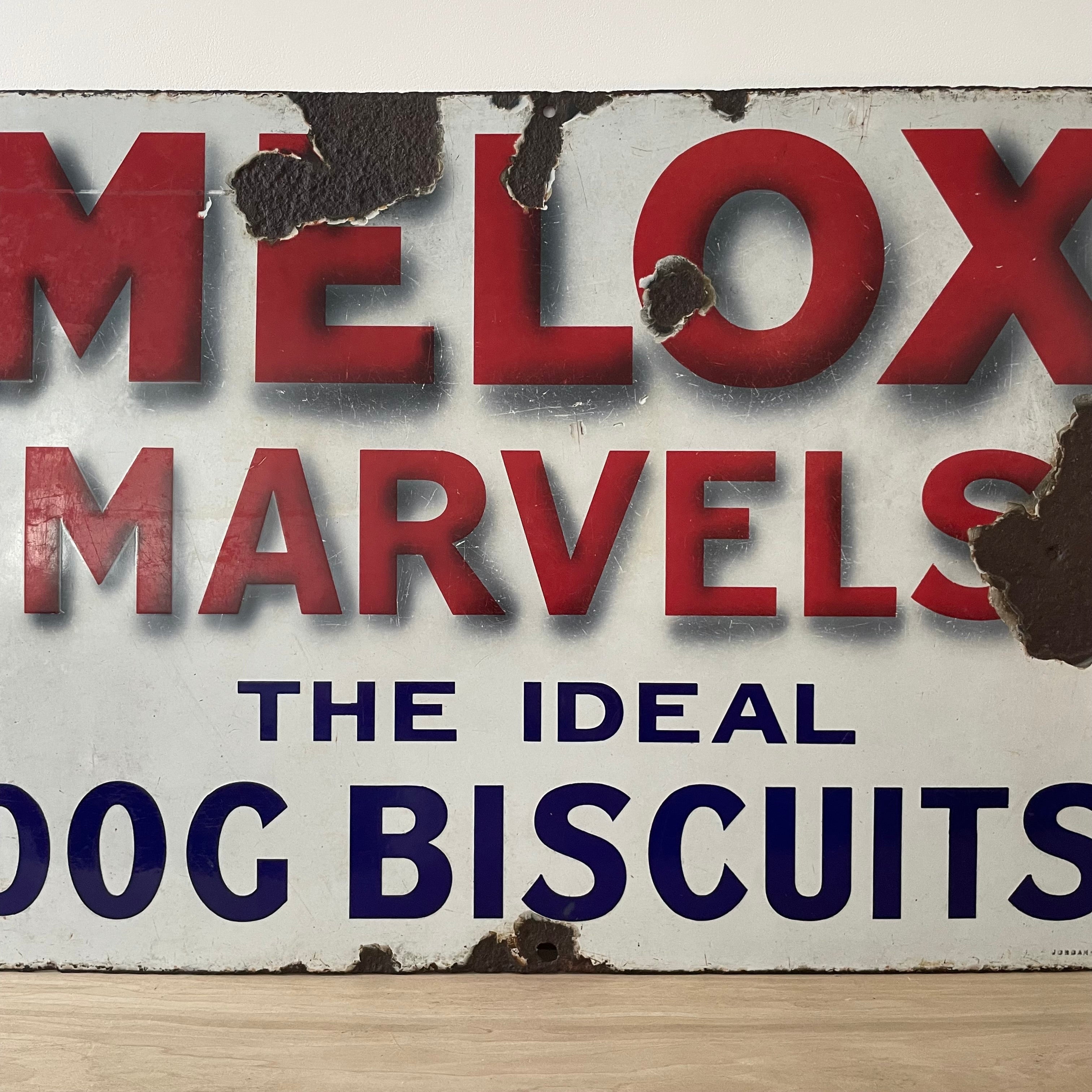 Original Melox Marvels Dog Biscuits Enamel Advertising Sign – Bold Red, White & Blue – c.1930s
