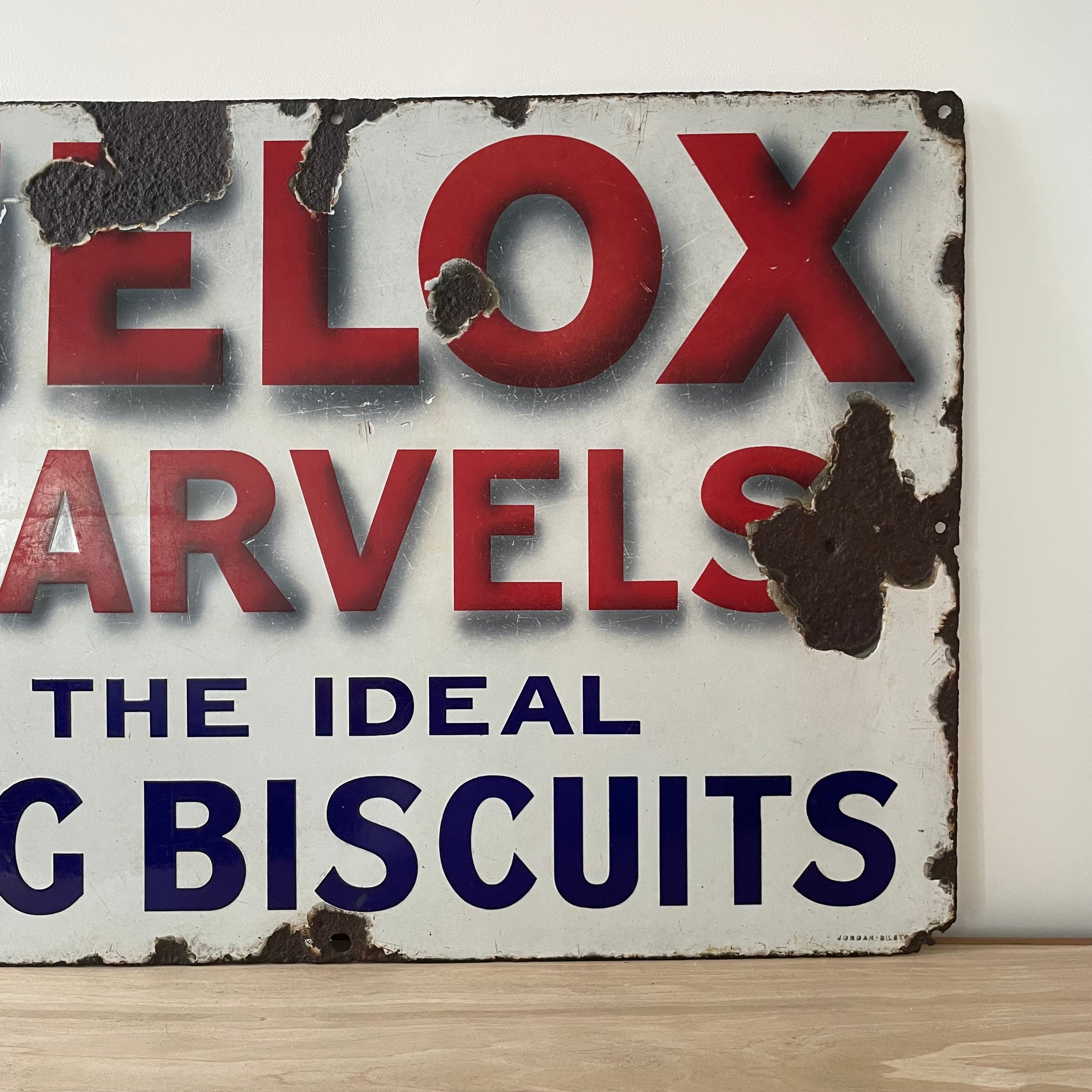 Original Melox Marvels Dog Biscuits Enamel Advertising Sign – Bold Red, White & Blue – c.1930s