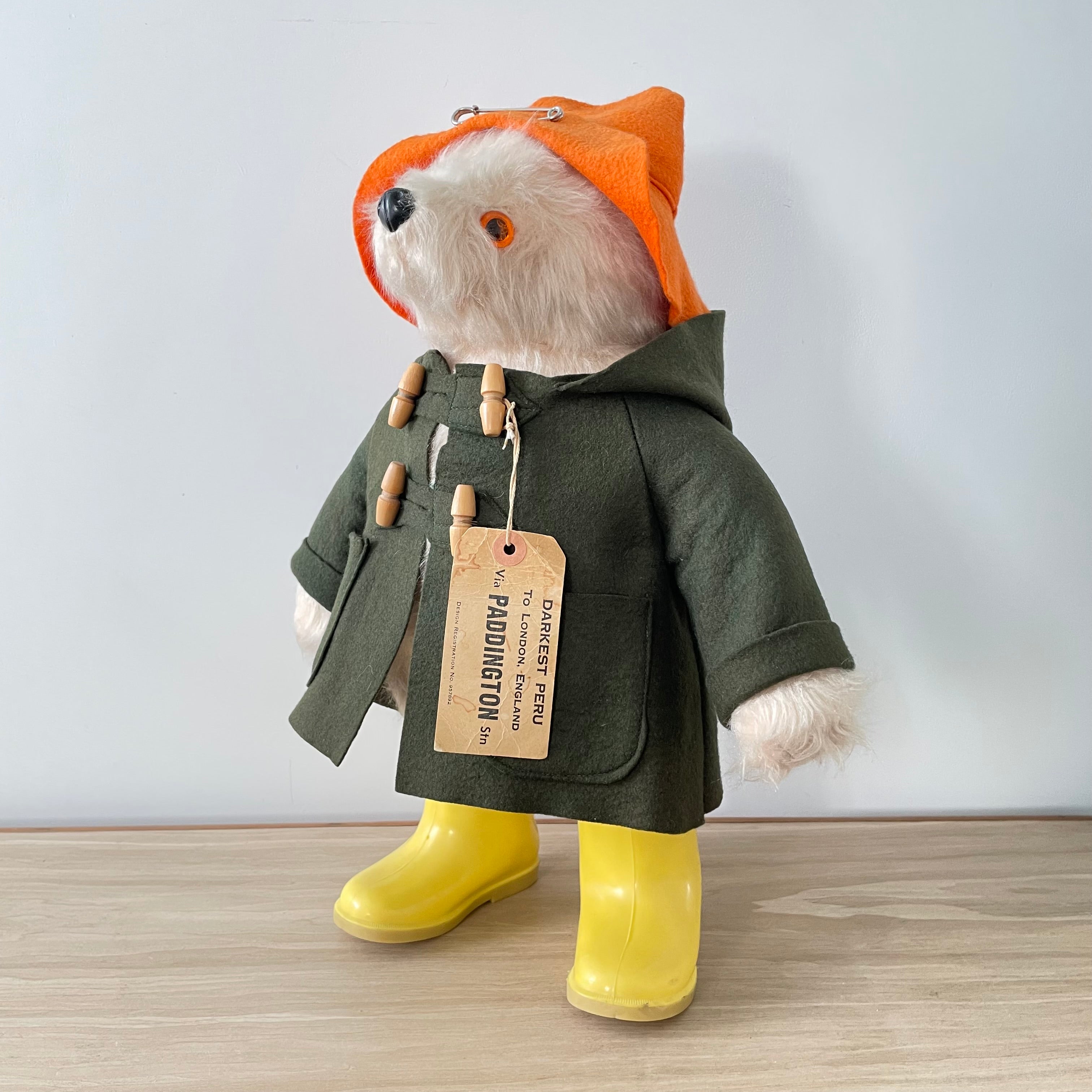1972 Gabrielle Designs Paddington Bear – Green Duffle Coat, Orange Hat & Yellow Boots – Original Label