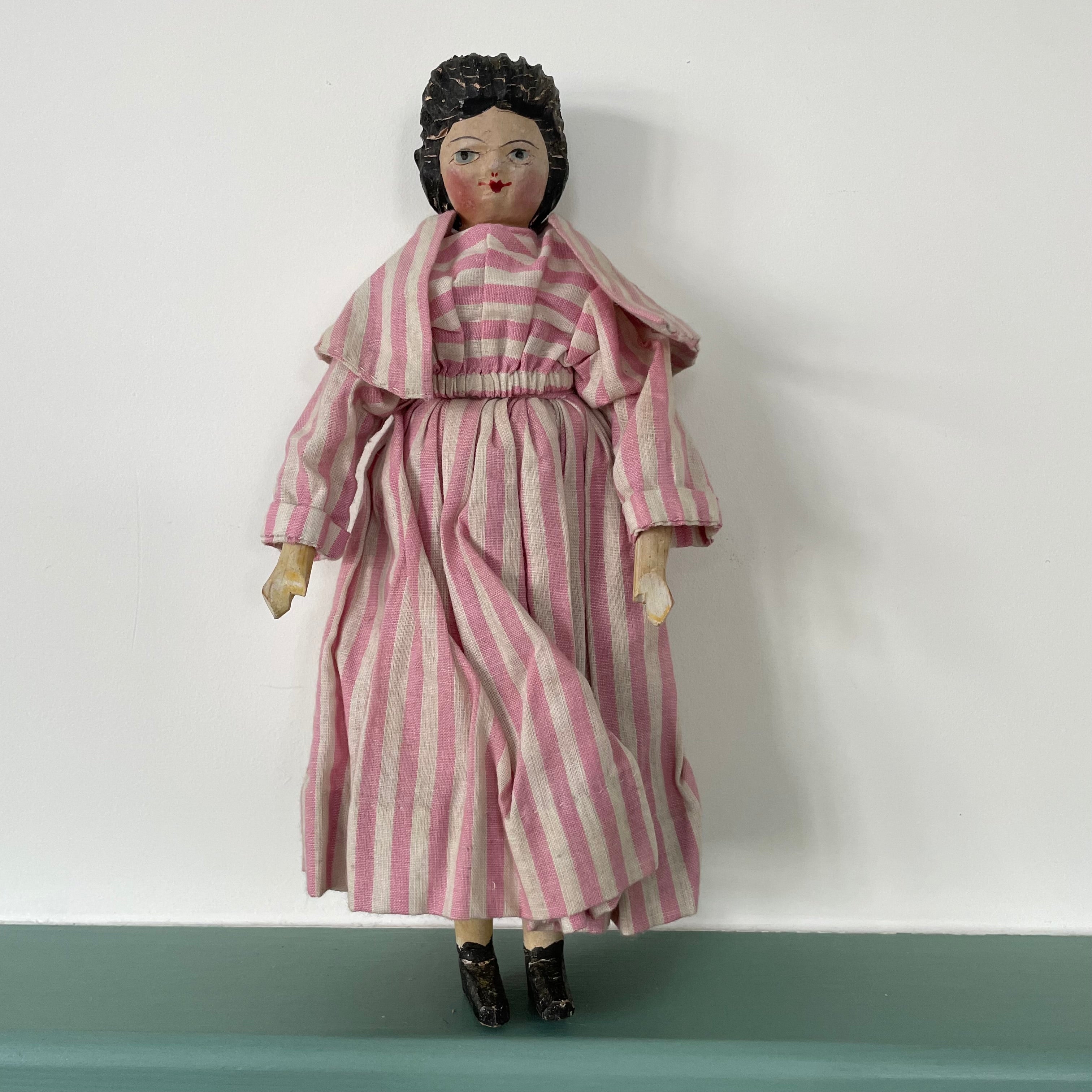 Original 19th Century Grodnertal Wooden Doll with Moulded Hair and Hand-Sewn Clothing
