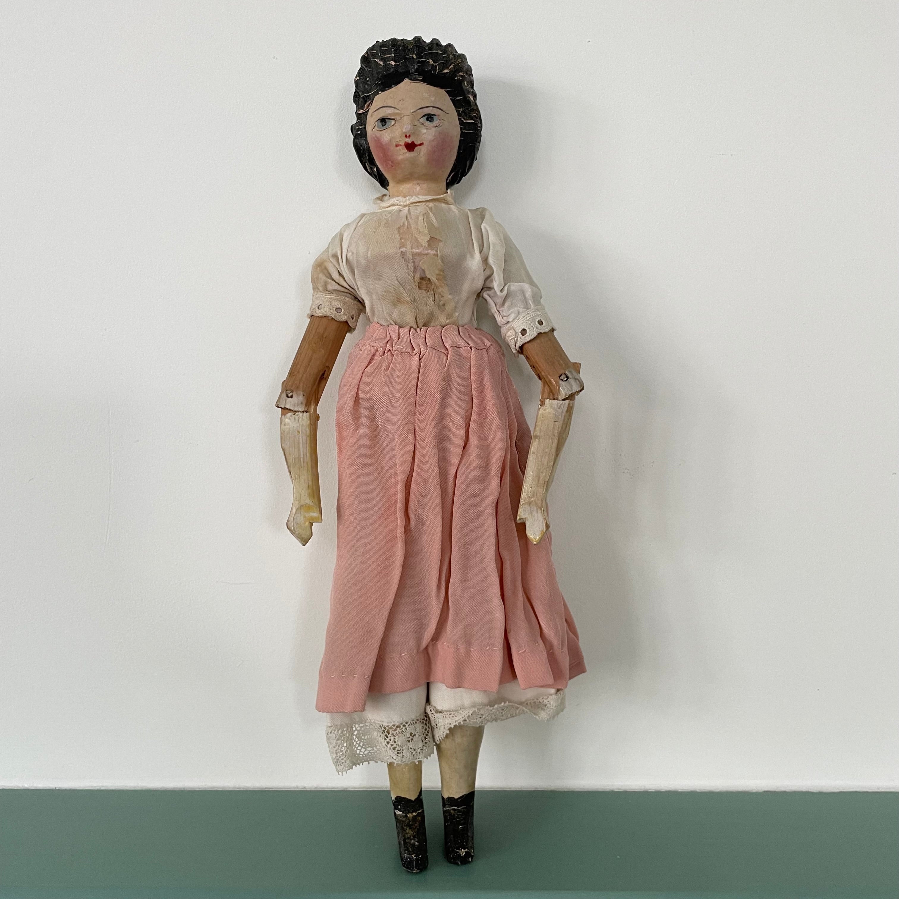 Original 19th Century Grodnertal Wooden Doll with Moulded Hair and Hand-Sewn Clothing
