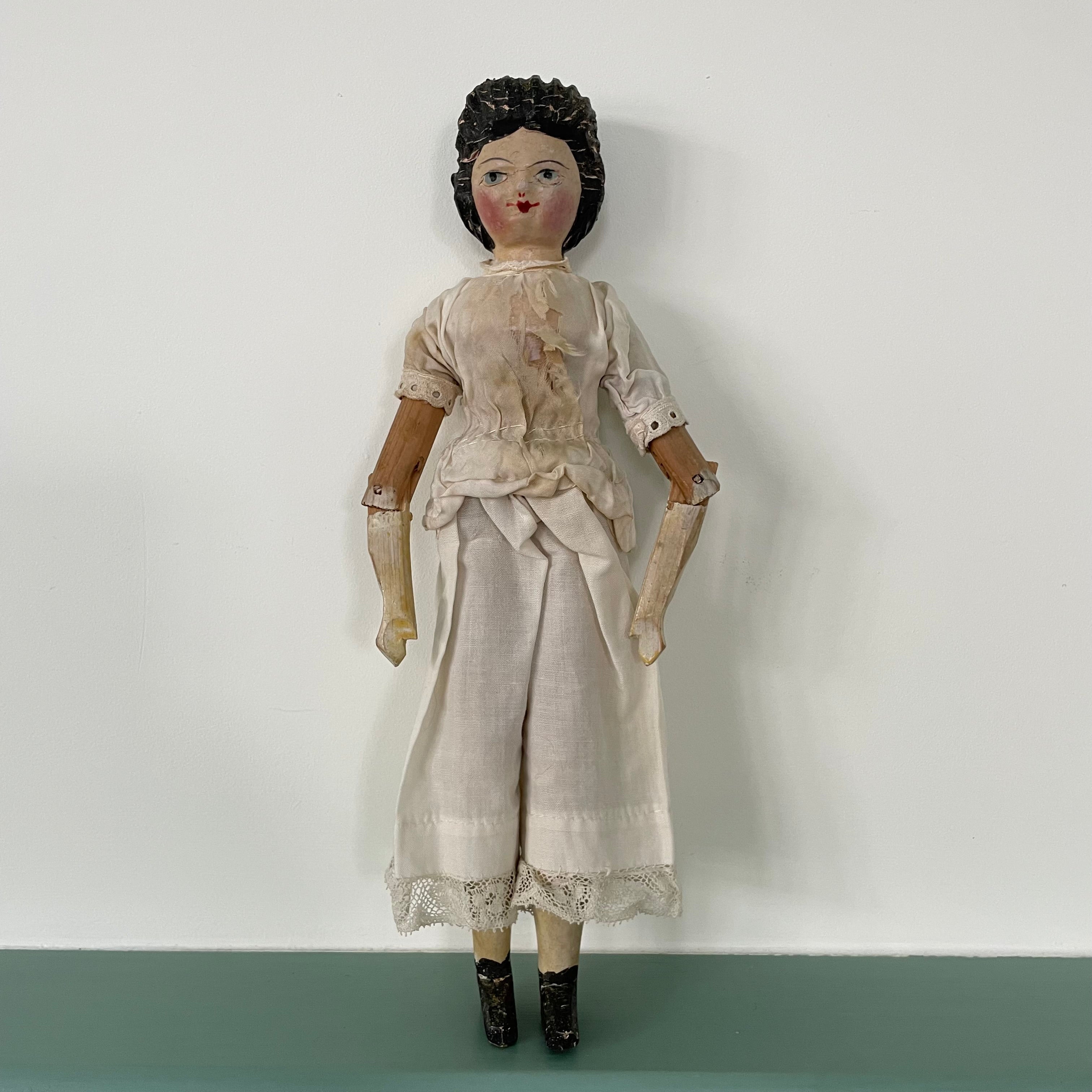 Original 19th Century Grodnertal Wooden Doll with Moulded Hair and Hand-Sewn Clothing