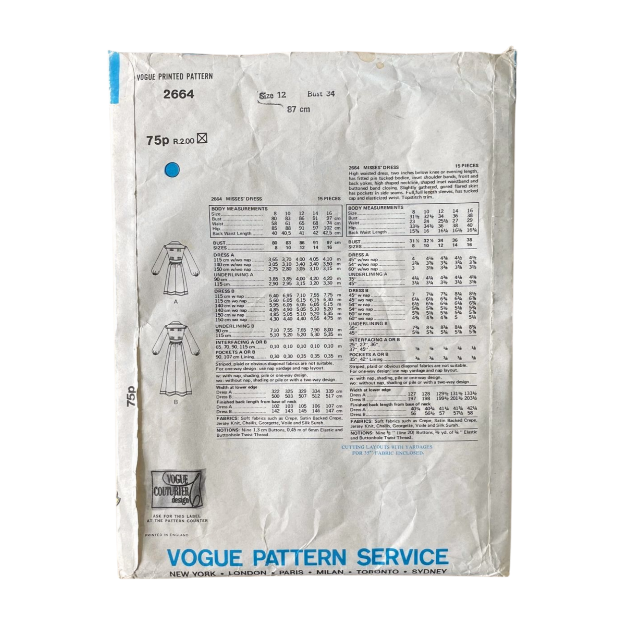 Vogue 2664 Womens Size 10 Jean Muir Dress FF