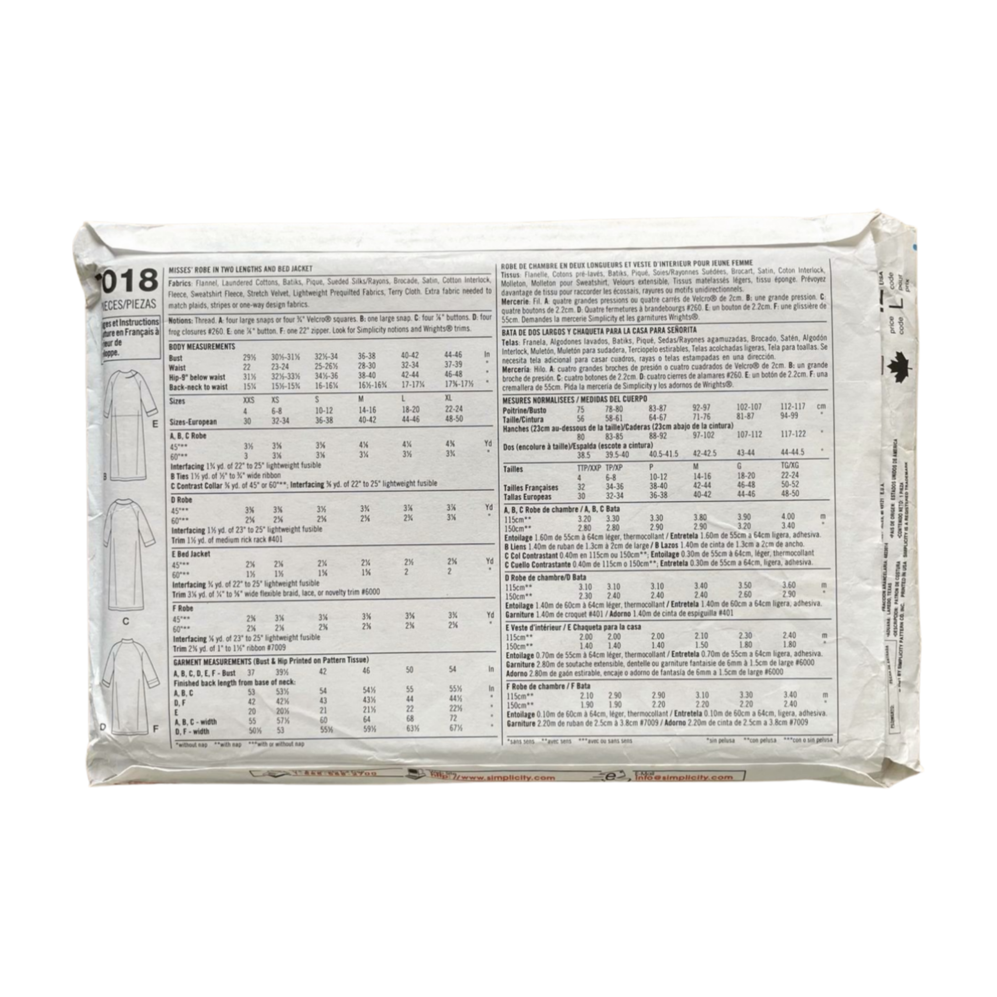 Simplicity 7018 Womens Size M-XL Dressing Gown FF