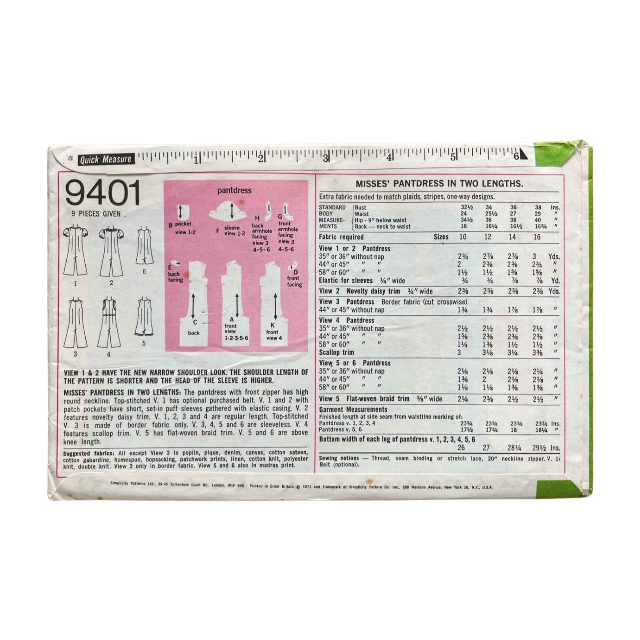 Simplicity 9401 Womens Size 10 Pantdress Jumpsuit FF