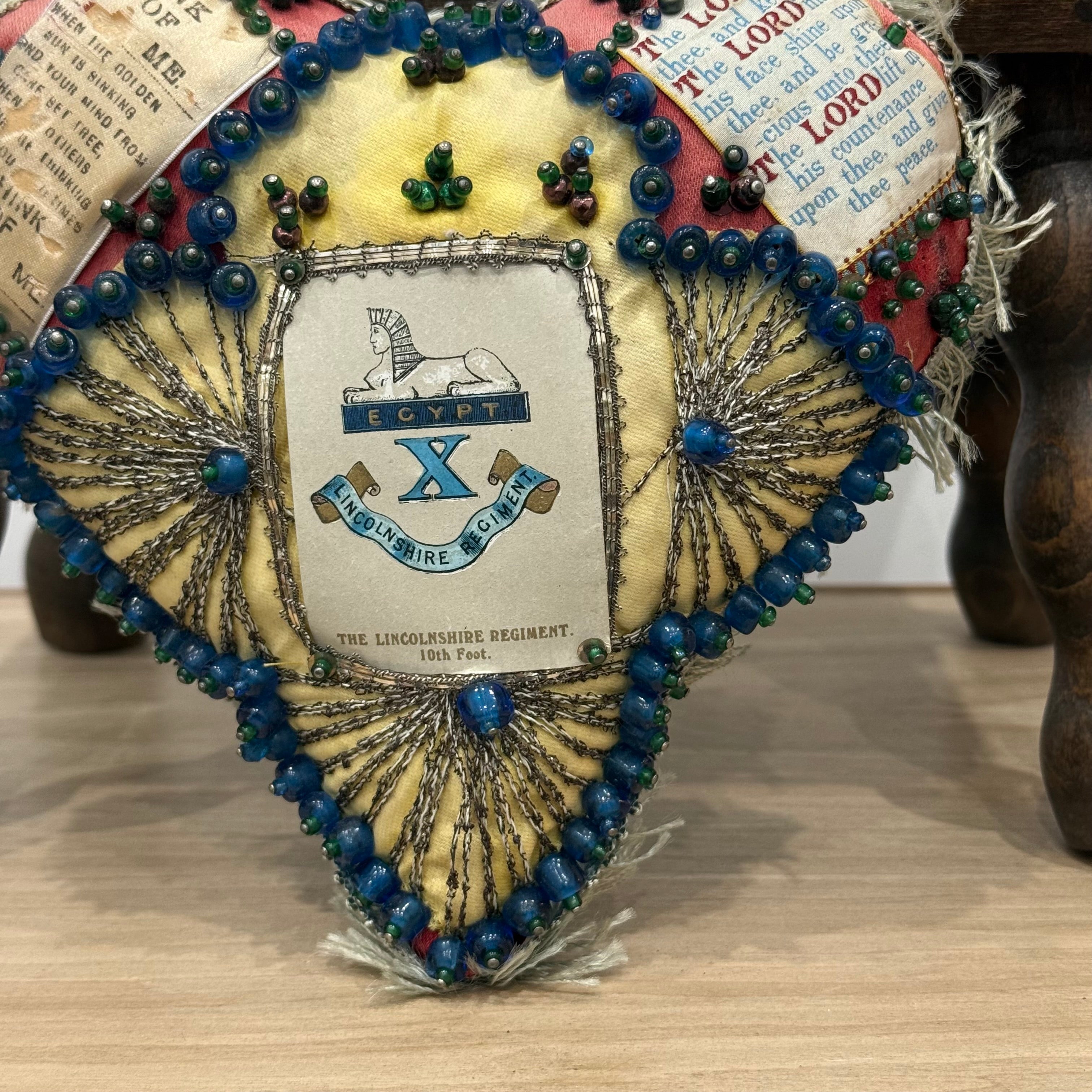 WW1 Beaded Heart Pin Cushion – Lincolnshire Regiment 10th Foot – Egypt Sphinx