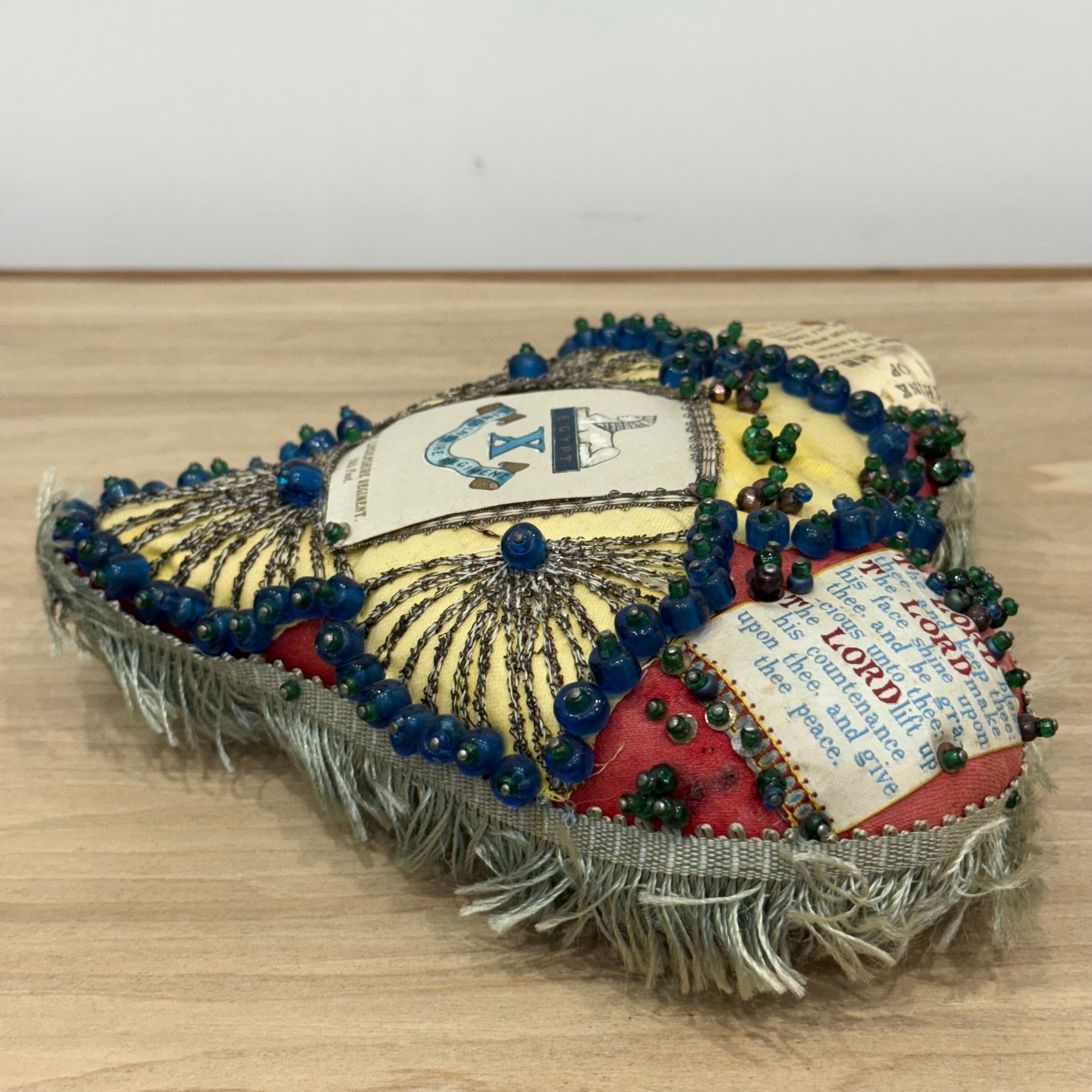 WW1 Beaded Heart Pin Cushion – Lincolnshire Regiment 10th Foot – Egypt Sphinx