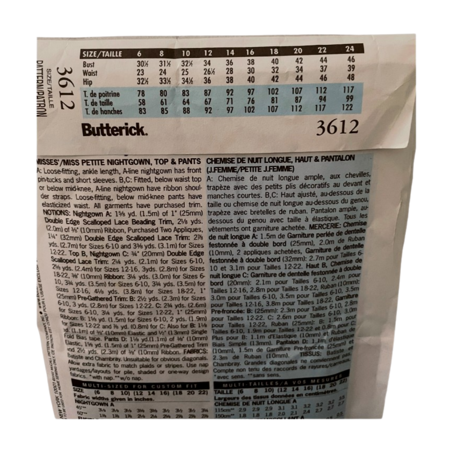 Butterick 3612 Womens Size 16-20 UK Petite Nightdress Top Bottoms FF
