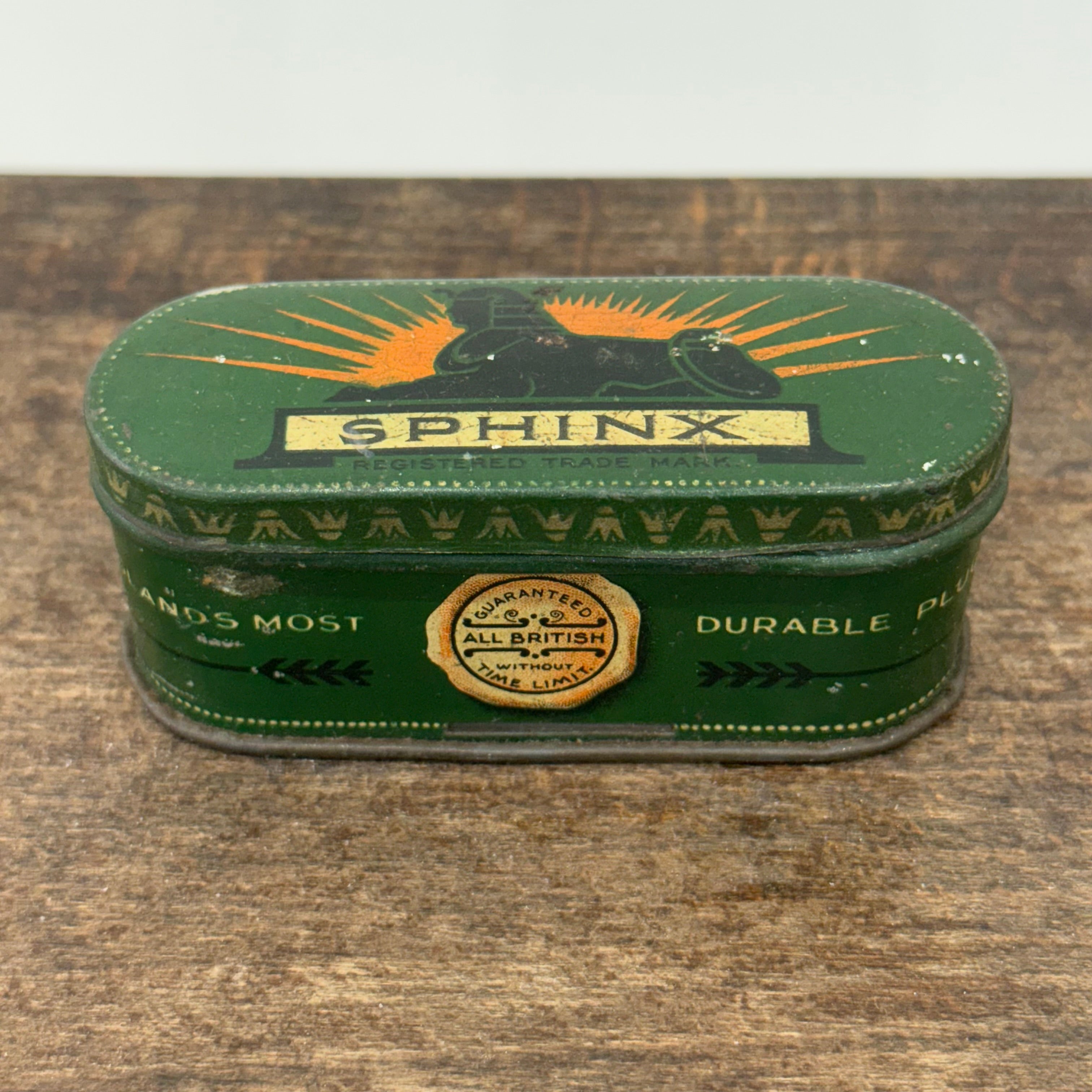 Vintage Sphinx Spark Plug Tin – Green Lithographed Advertising Box – British Manufacture