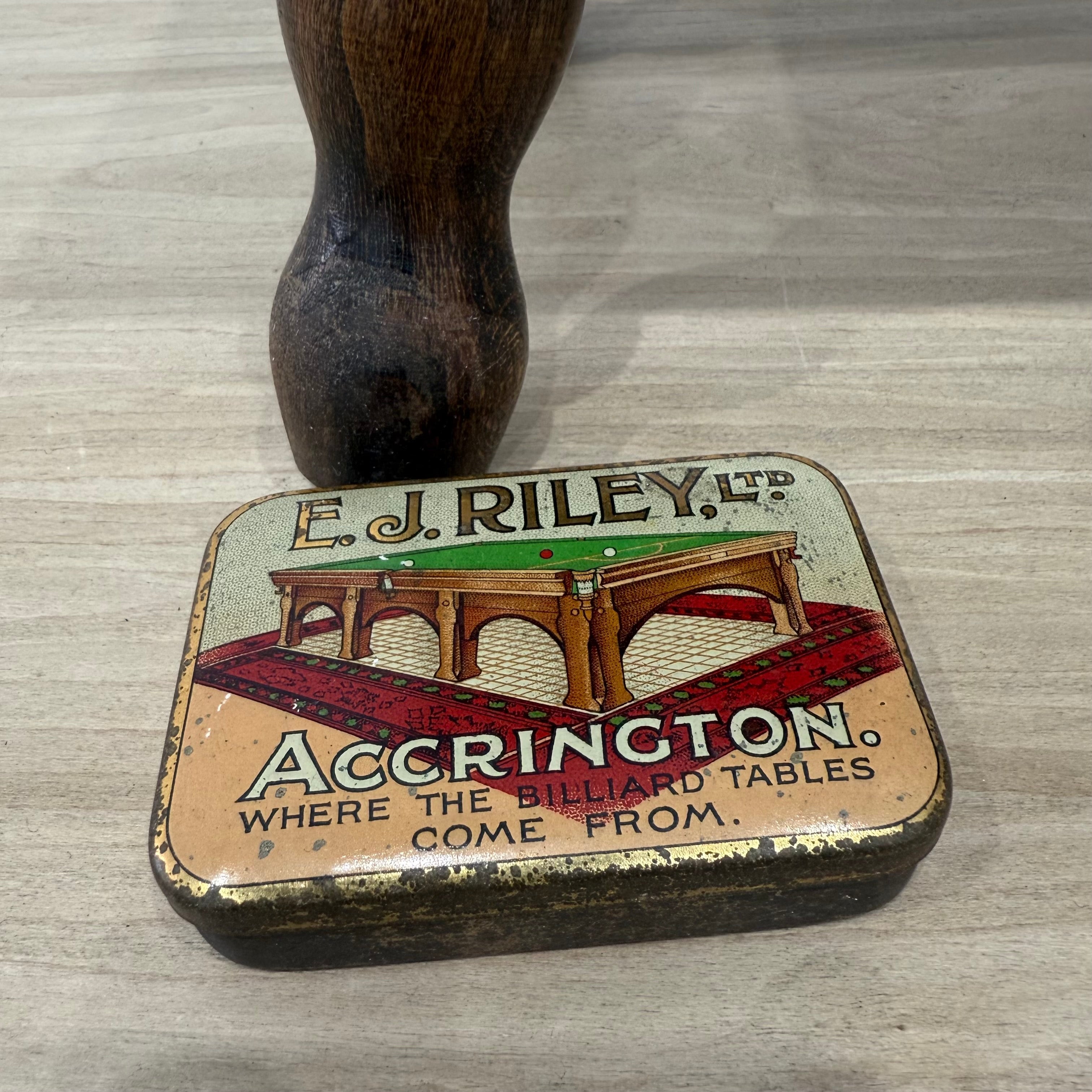 Antique E.J. Riley Ltd Advertising Tin – Accrington Billiard Tables – With Original Cue Tips