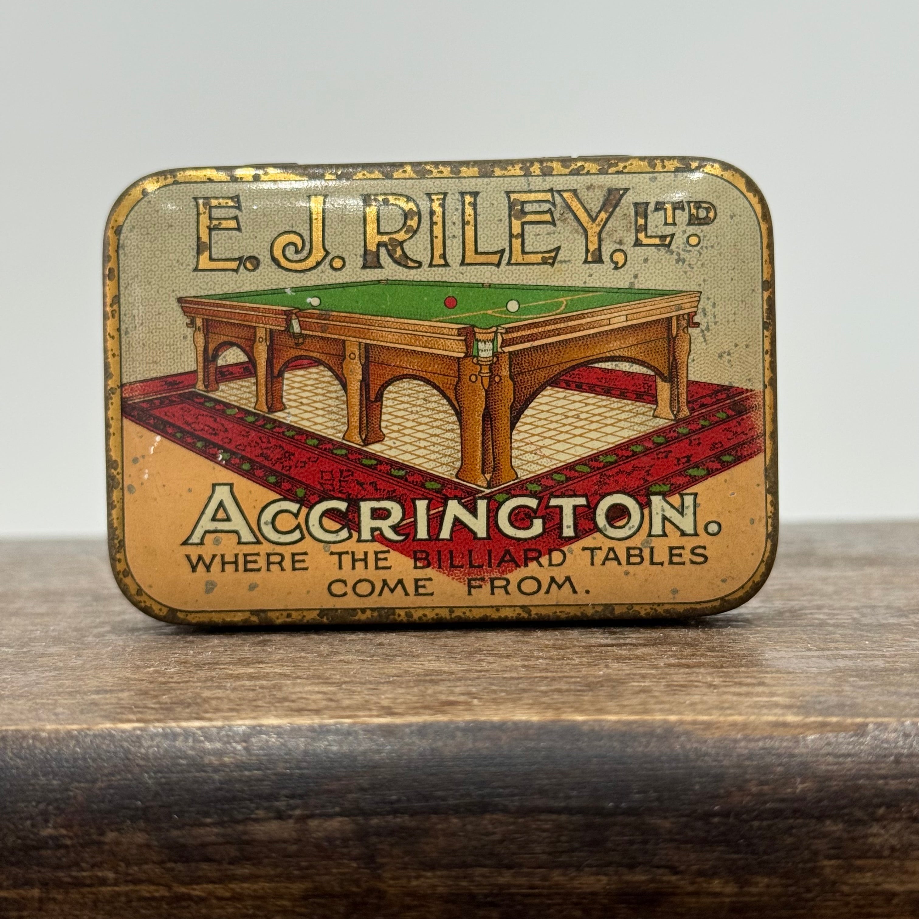 Antique E.J. Riley Ltd Advertising Tin – Accrington Billiard Tables – With Original Cue Tips