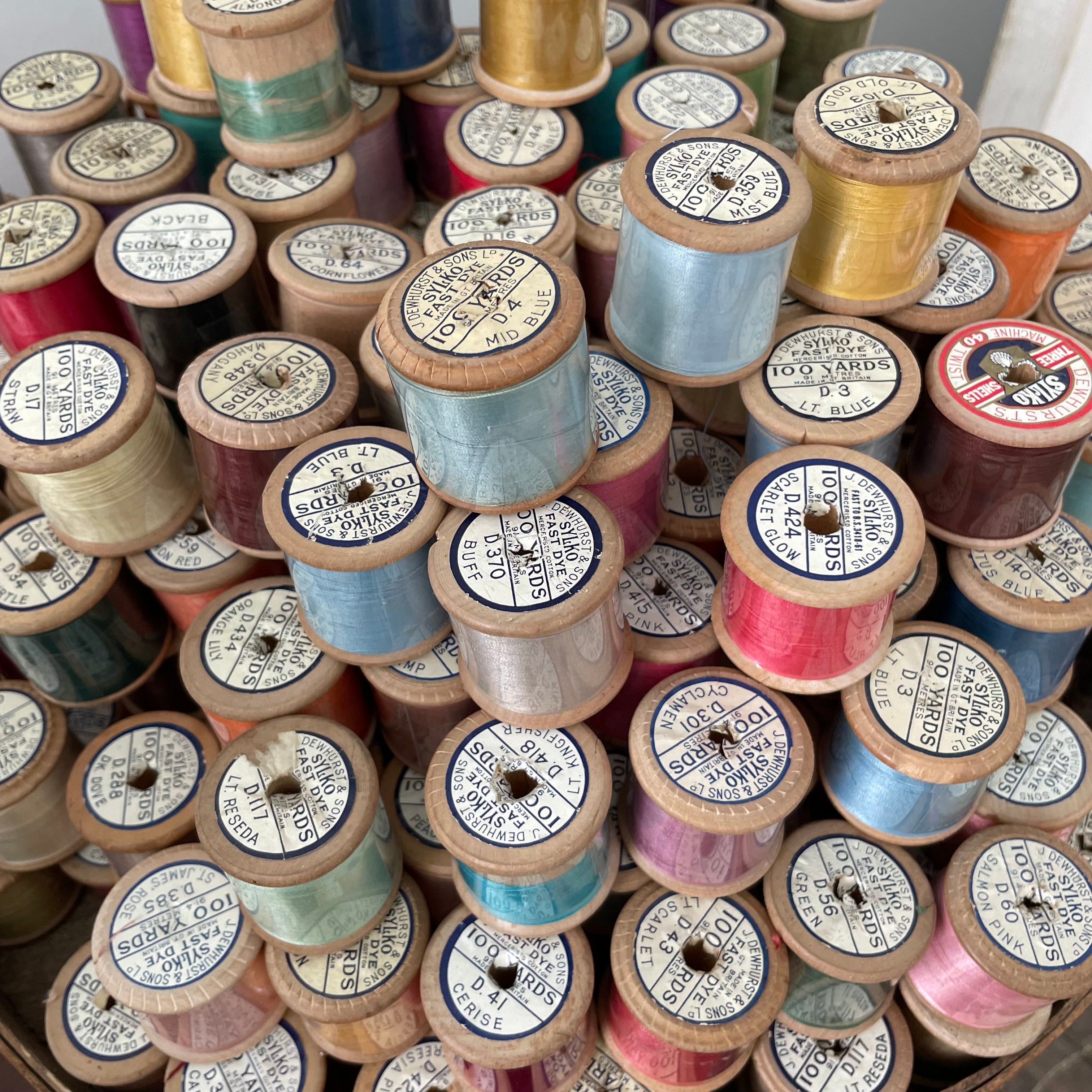 Dewhurst Sylko - Wooden Reels - Pierced D300-500 - COLOURS ADDED