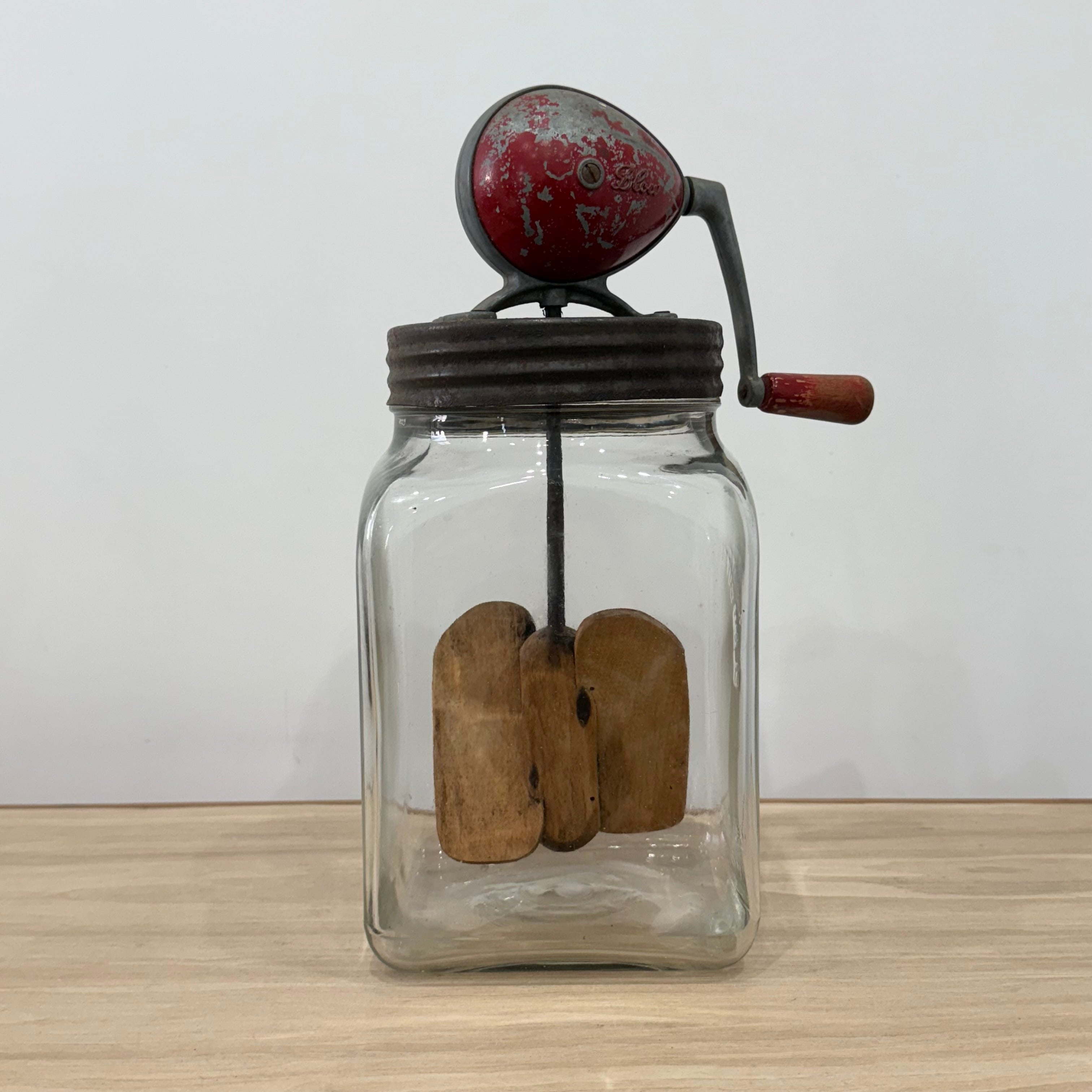 Blow Vintage Glass Butter Churn with Original Wooden Paddles