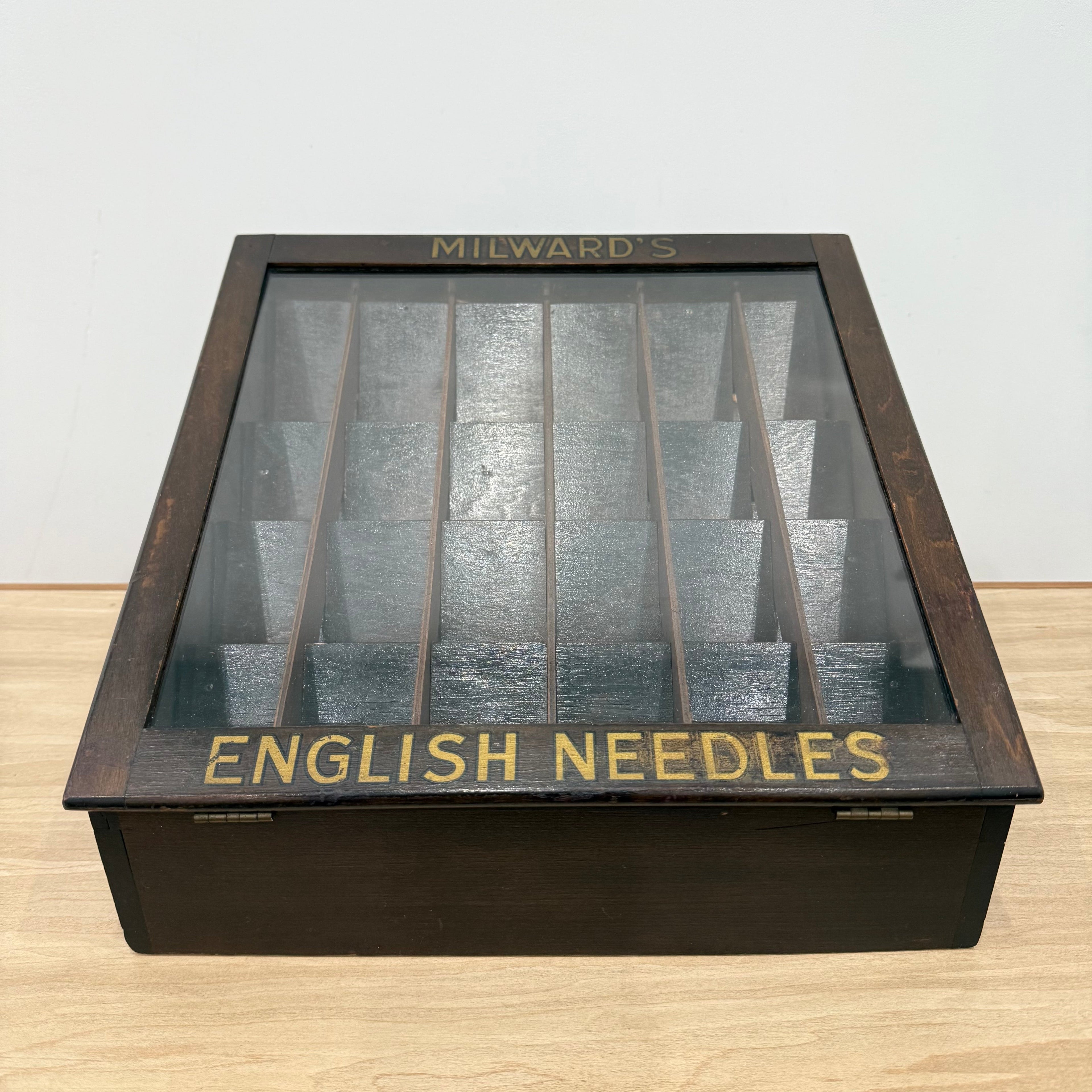 Antique Milward’s English Needles Wooden Display Box with Glass Lid
