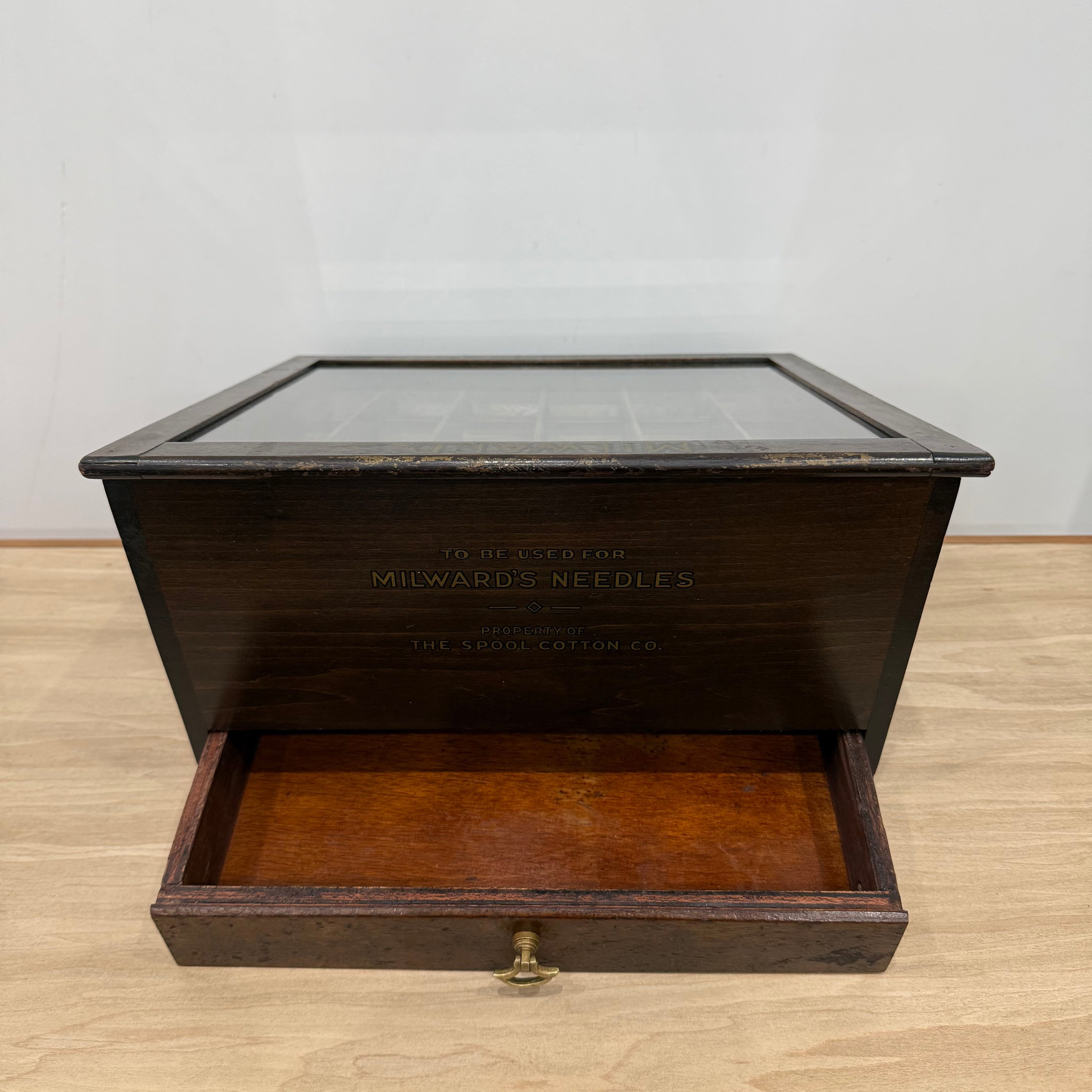 Antique Milward’s English Needles Wooden Display Box with Glass Lid