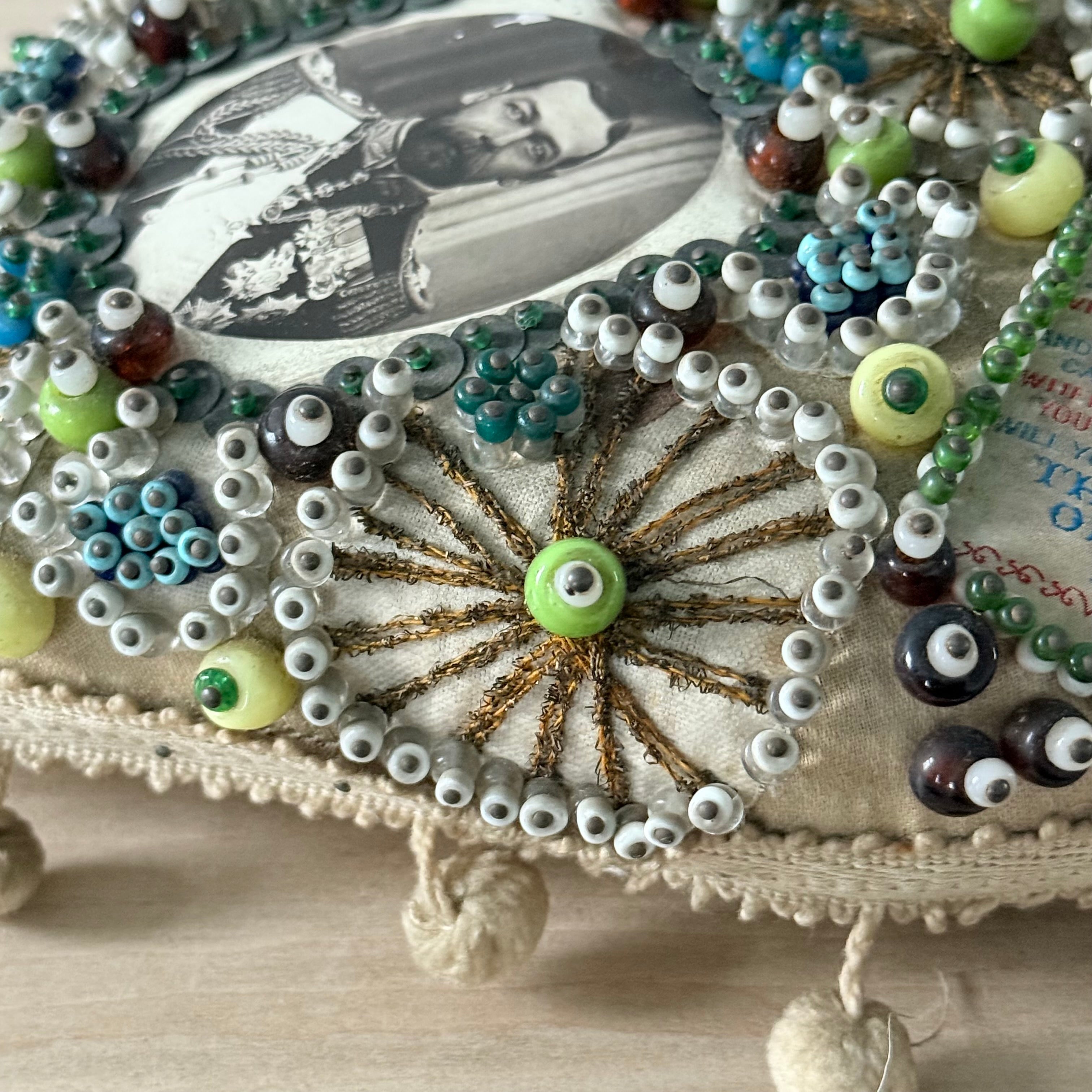 WWI Sweetheart Beaded Heart Pin Cushion with Portrait of Tsar Nicholas II
