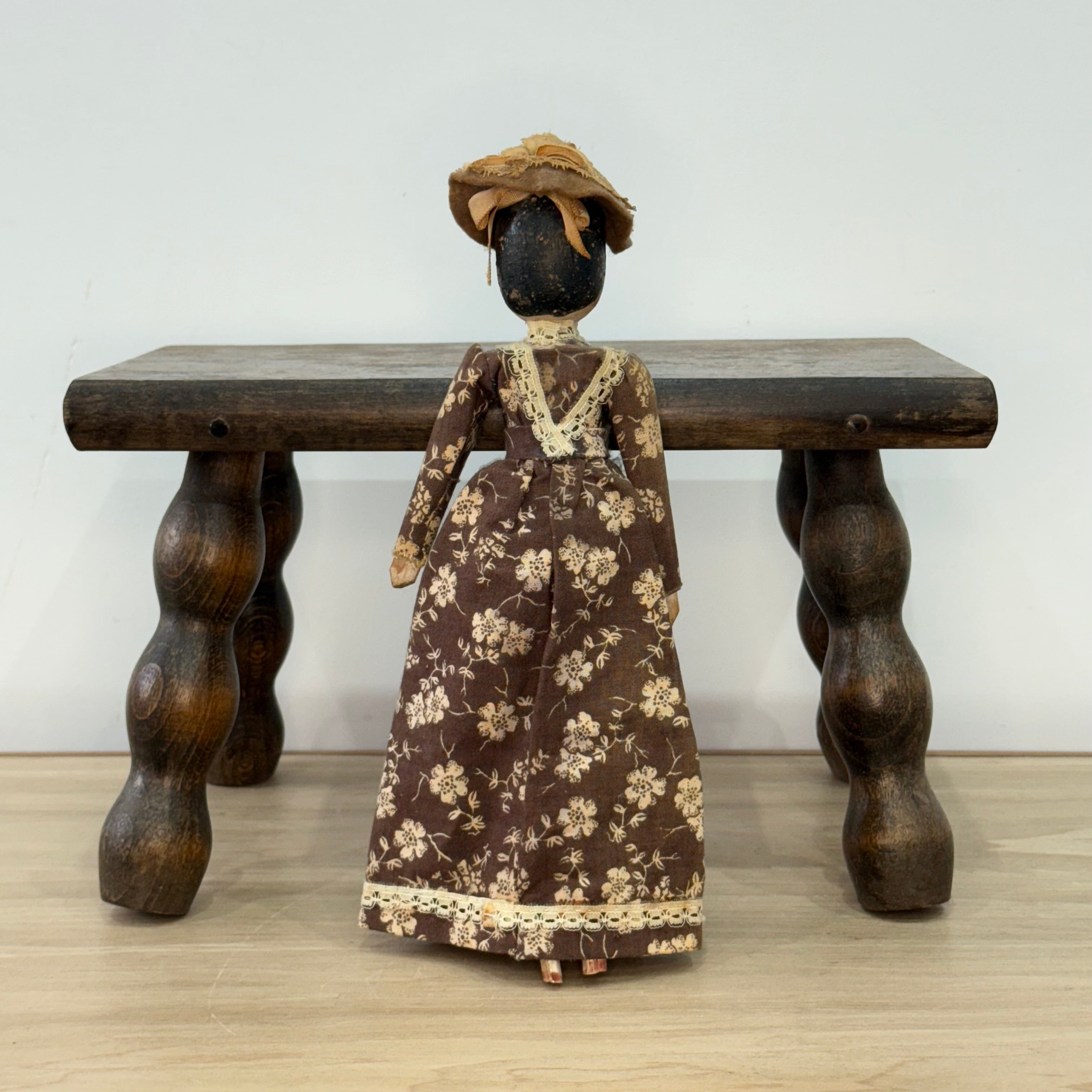Late 19th Century Wooden Head Doll Original Dress Bonnet Folk Art 26cm