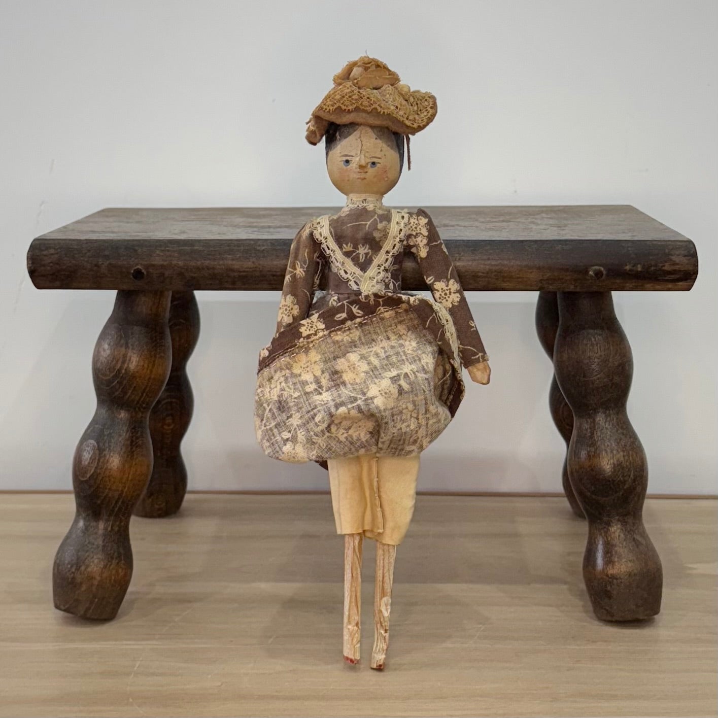Late 19th Century Wooden Head Doll Original Dress Bonnet Folk Art 26cm