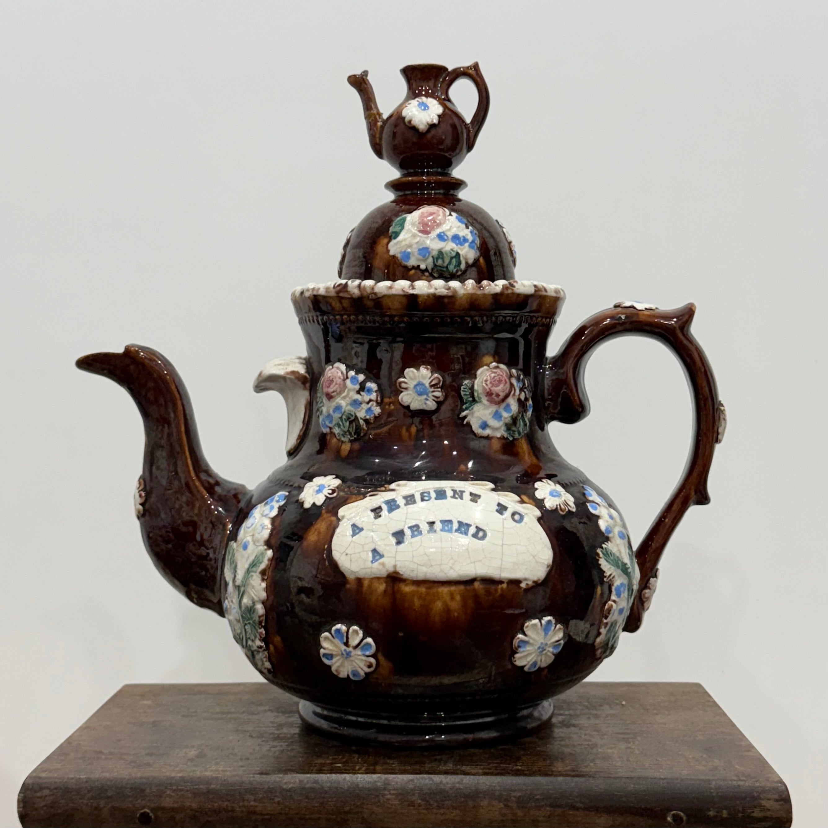 Victorian Relief Moulded Teapot A Present to a Friend Brown Glazed Pottery