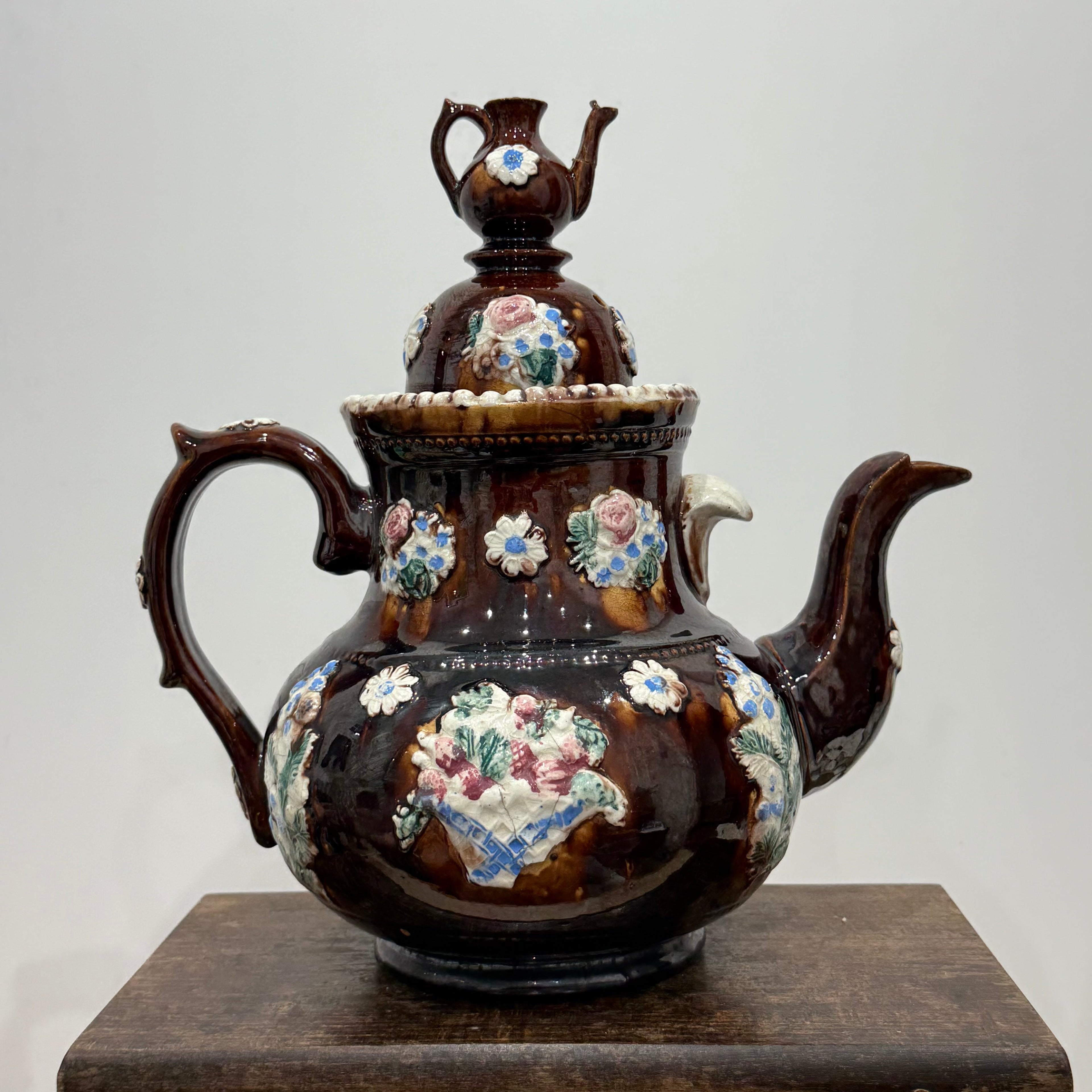 Victorian Relief Moulded Teapot A Present to a Friend Brown Glazed Pottery