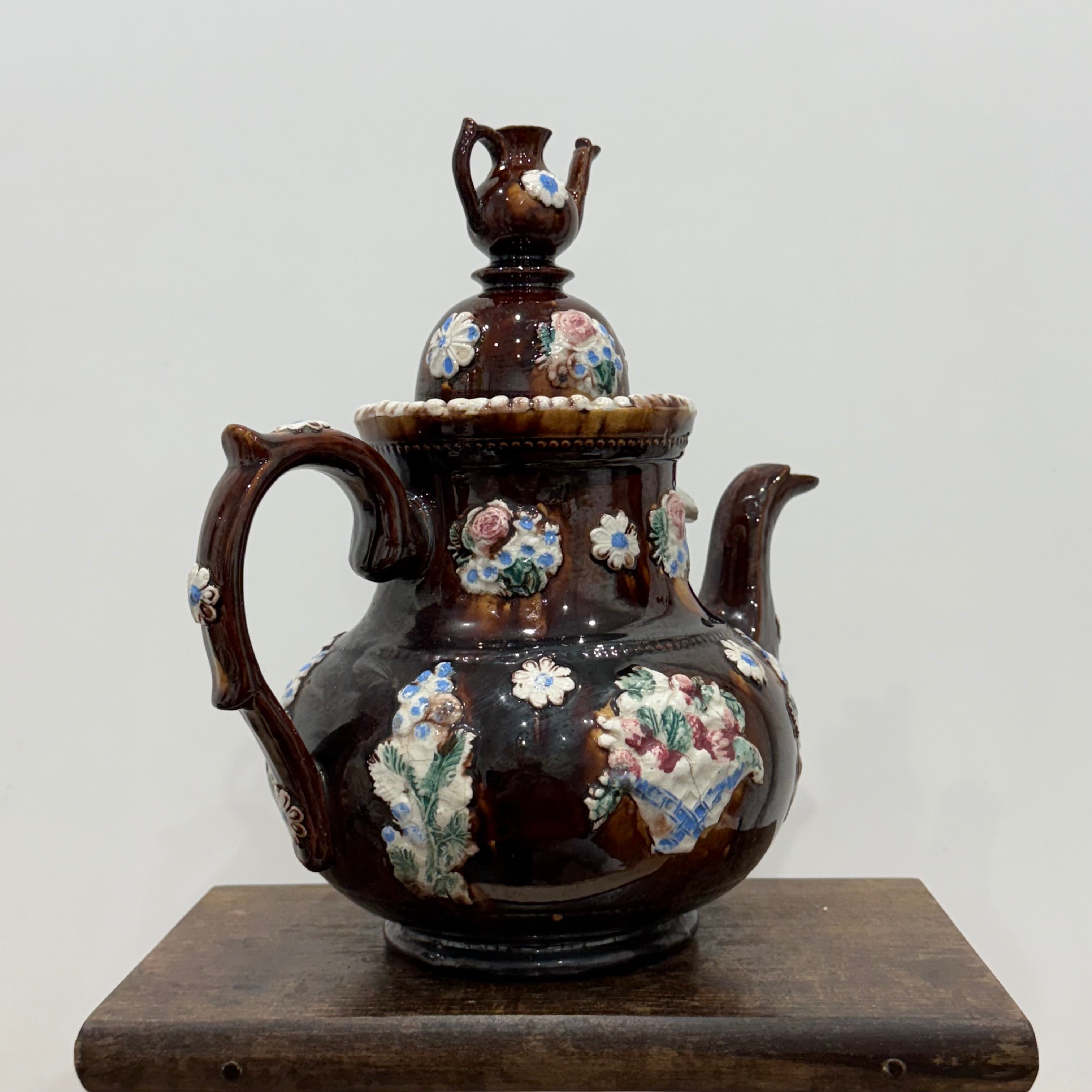 Victorian Relief Moulded Teapot A Present to a Friend Brown Glazed Pottery