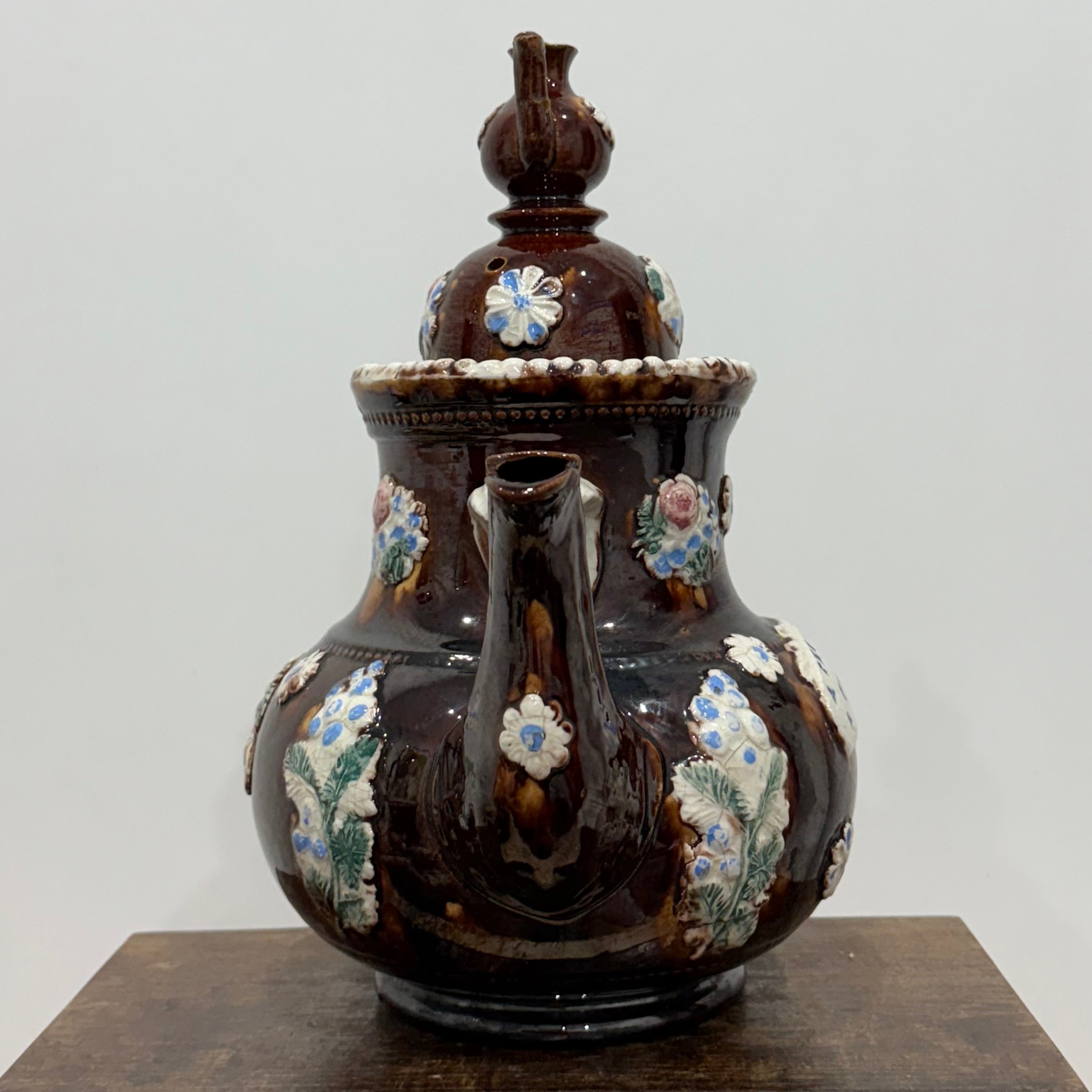 Victorian Relief Moulded Teapot A Present to a Friend Brown Glazed Pottery