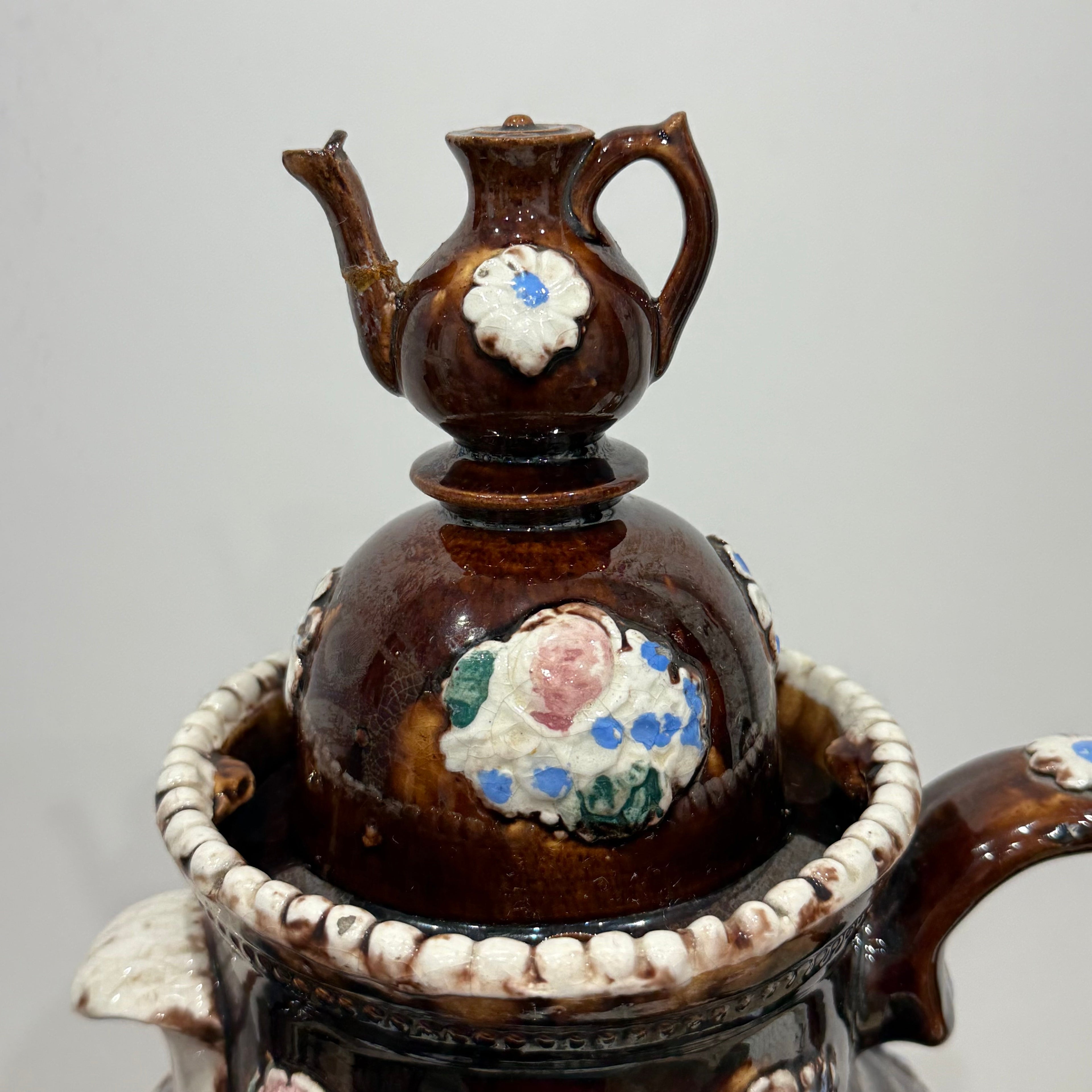 Victorian Relief Moulded Teapot A Present to a Friend Brown Glazed Pottery