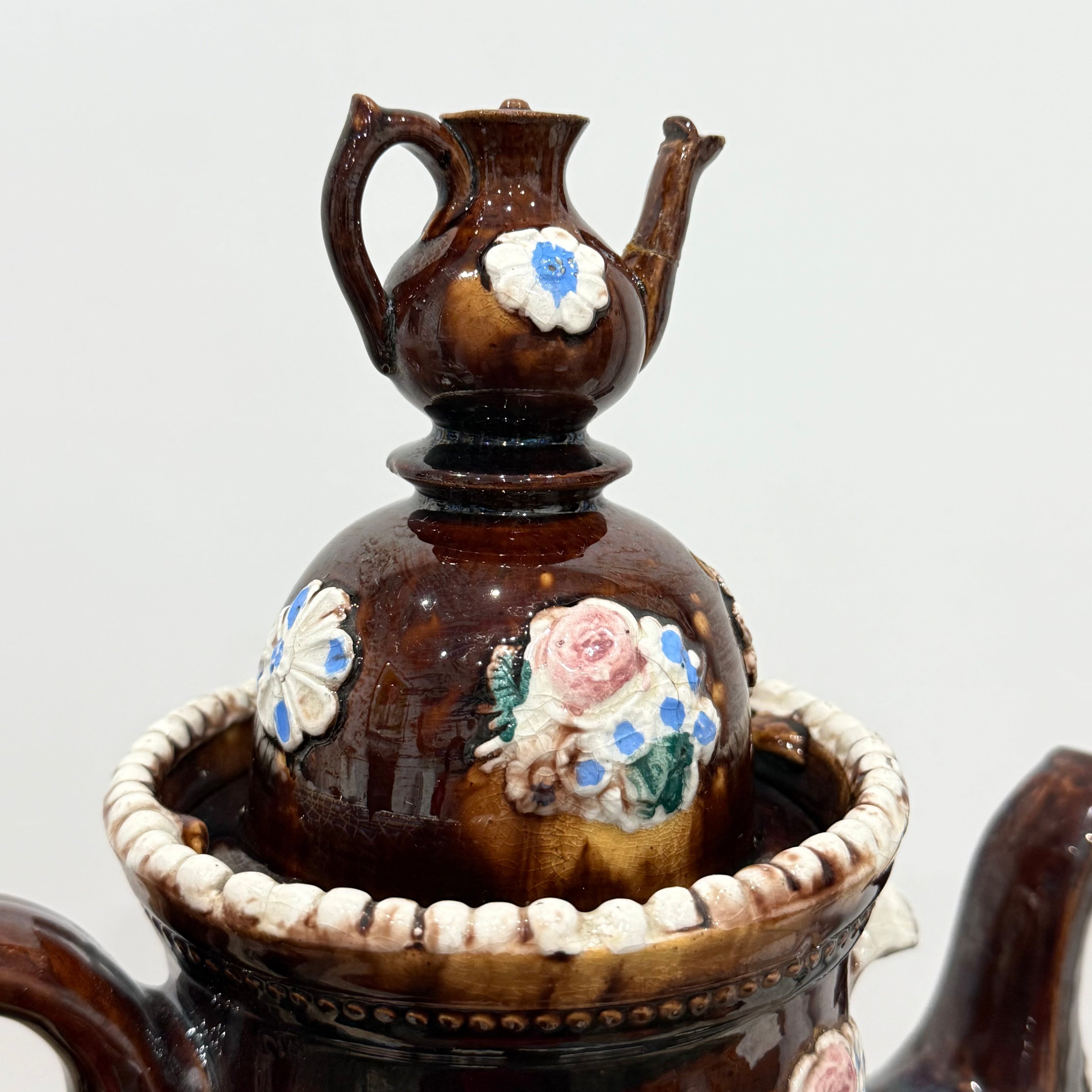 Victorian Relief Moulded Teapot A Present to a Friend Brown Glazed Pottery