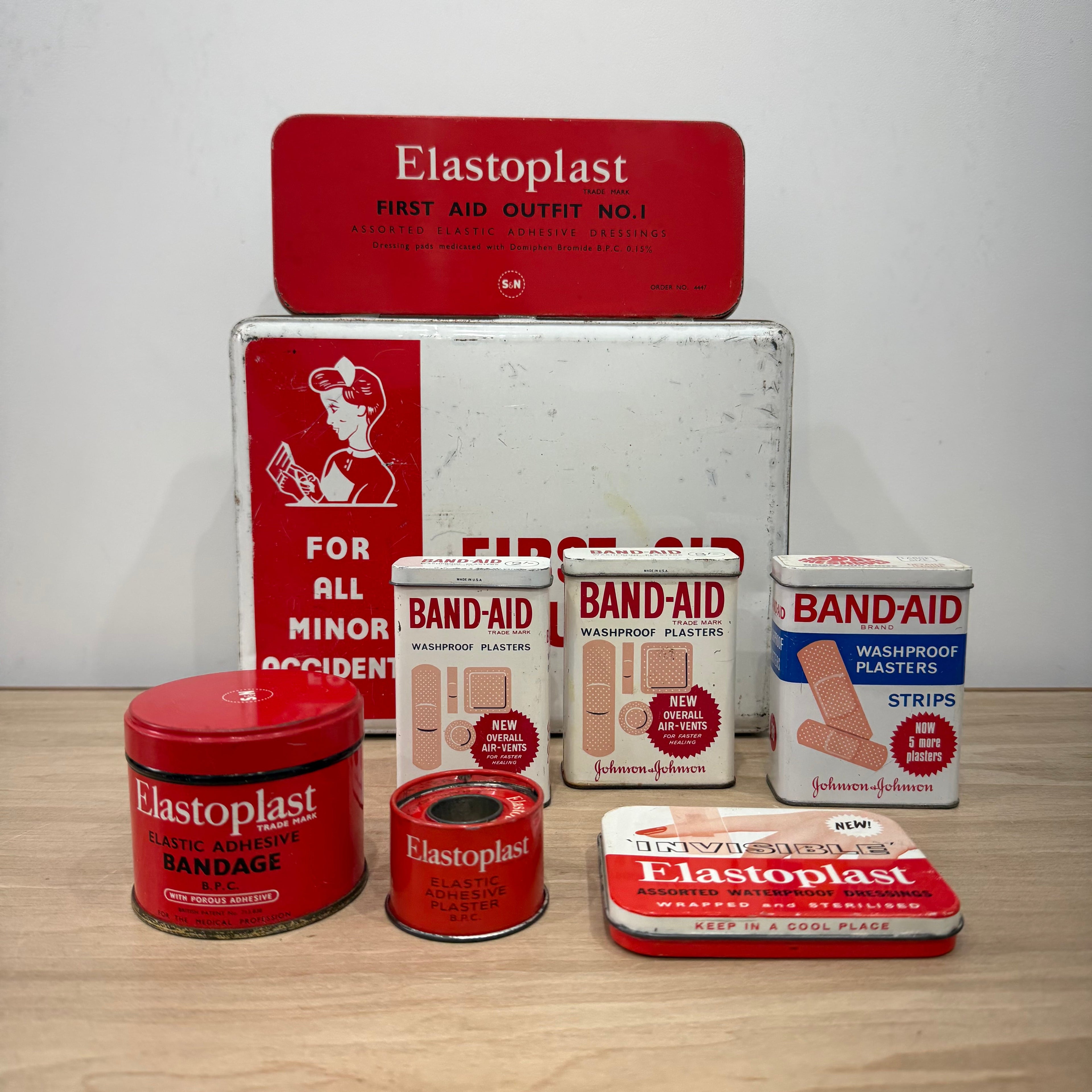 Vintage First Aid Outfit Tin with Elastoplast and Band-Aid Tins 1950s