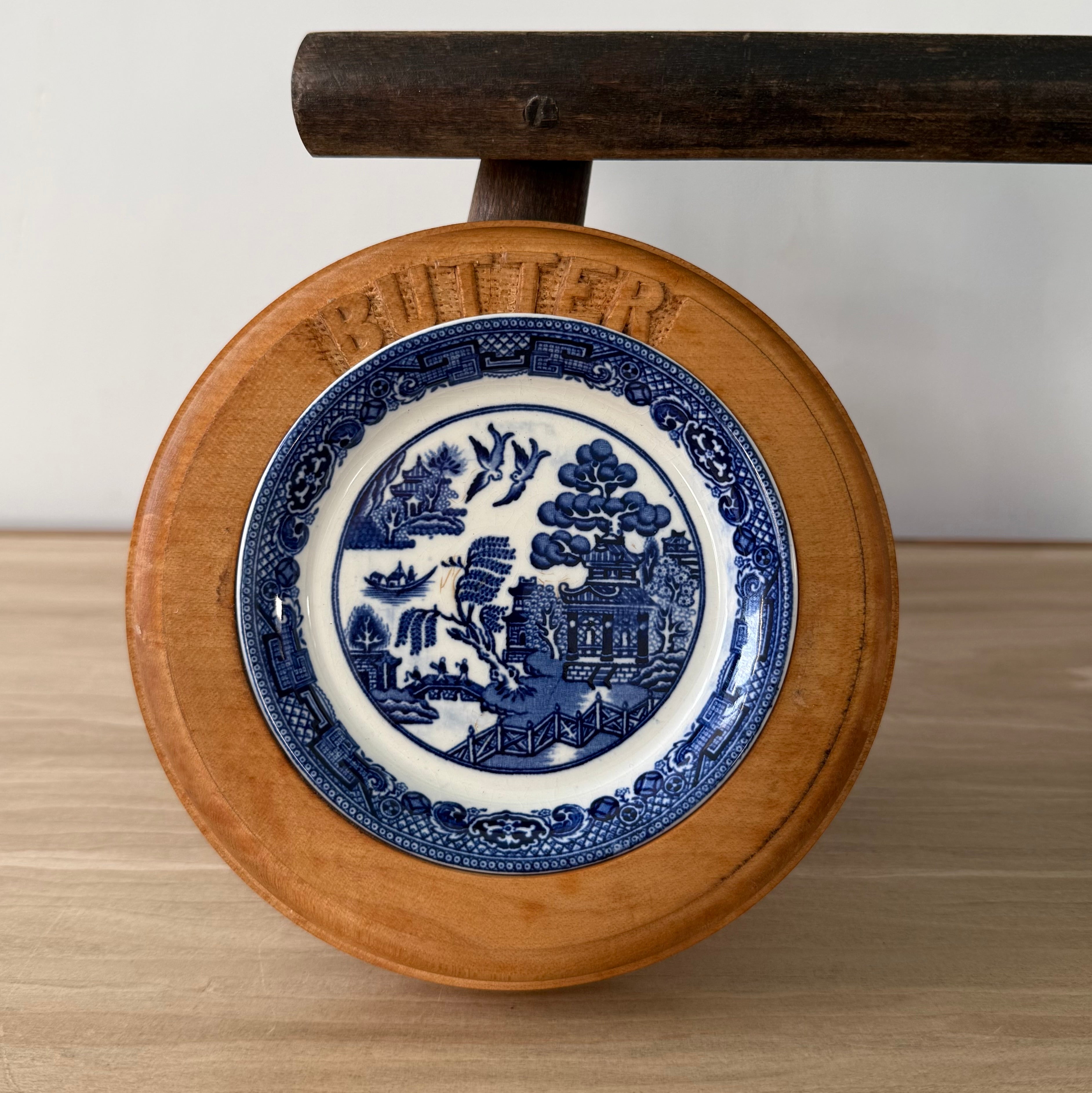 Vintage Wooden Butter Dish Base with Blue & White Willow Insert England