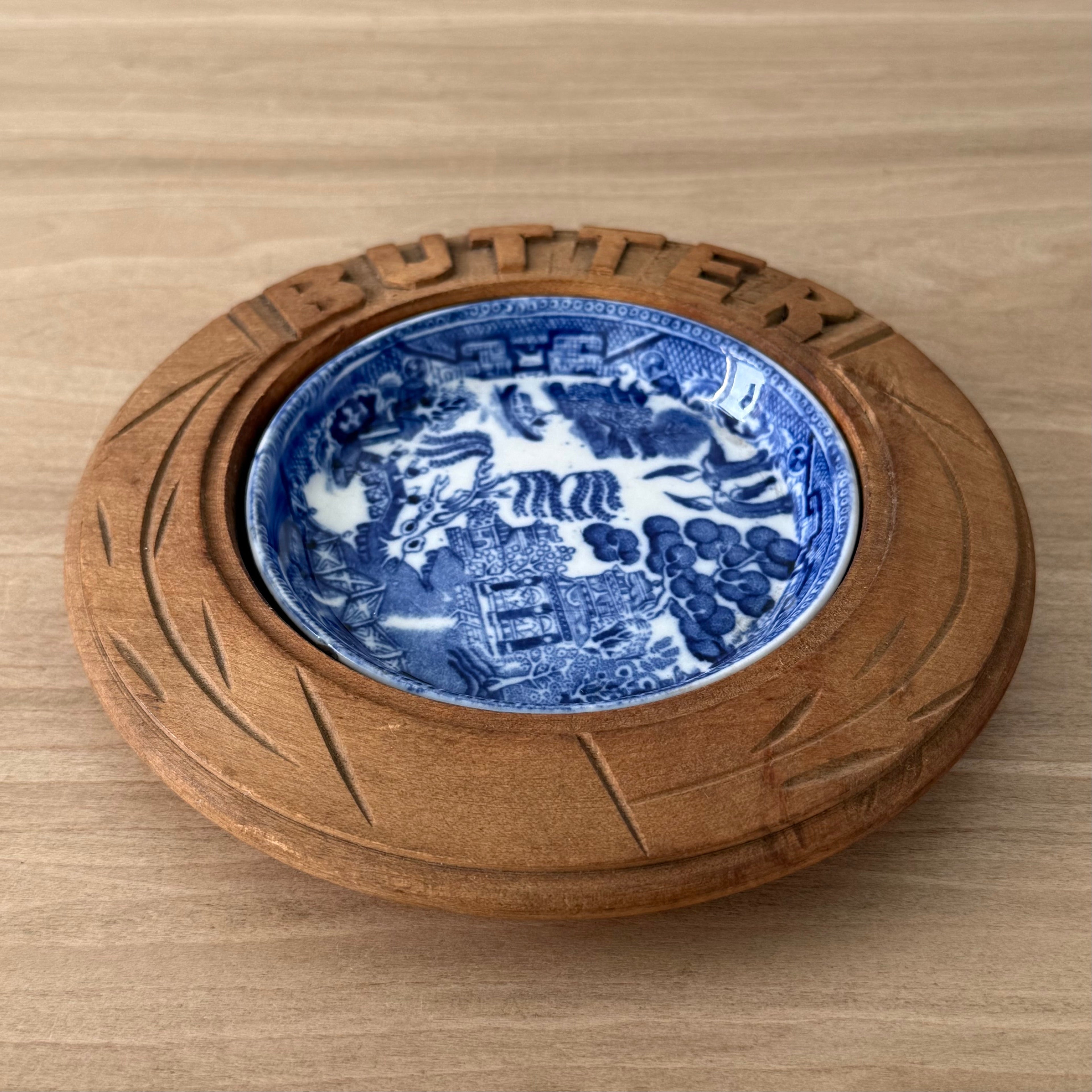 Vintage Treen Butter Dish Blue Willow Ceramic Insert Carved
