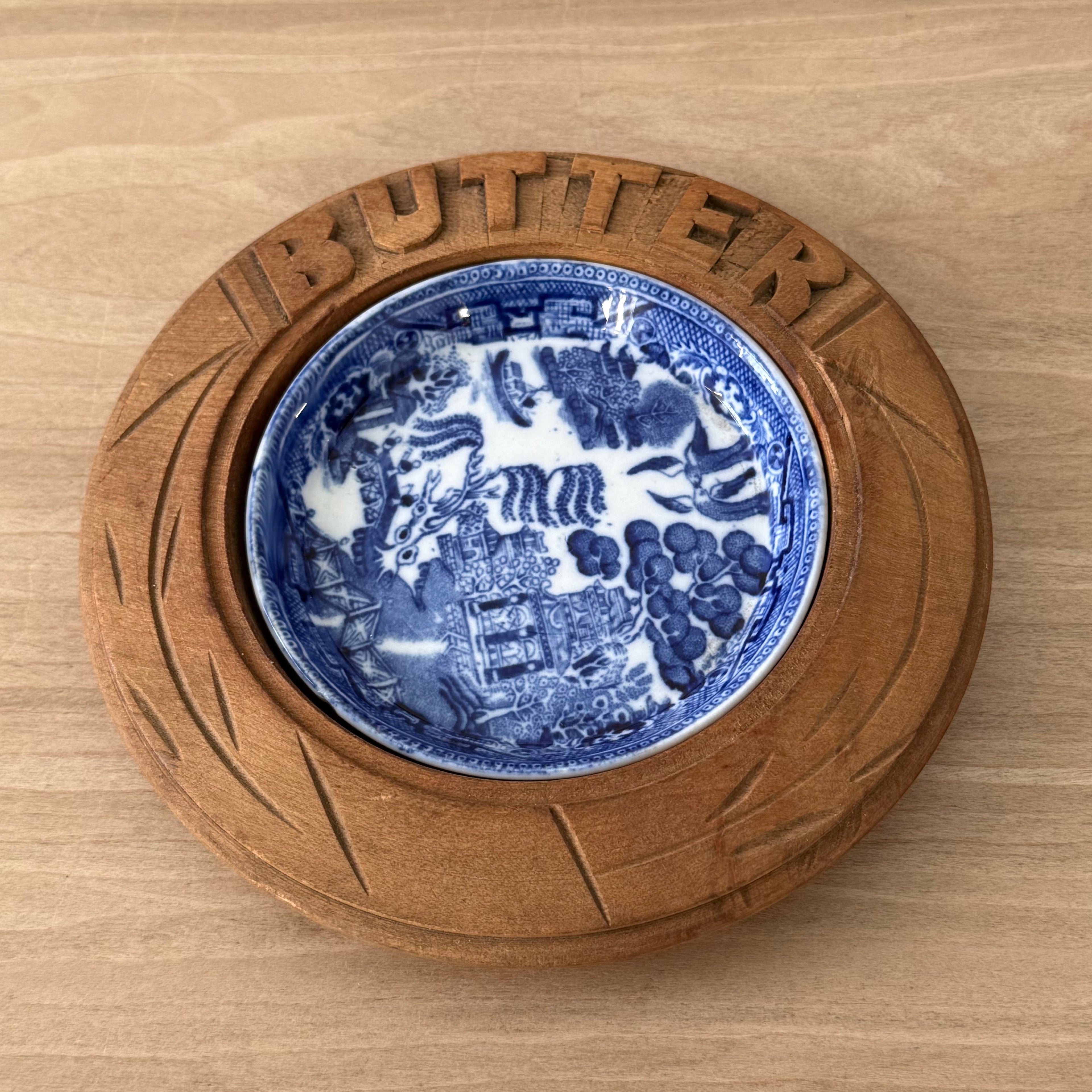 Vintage Treen Butter Dish Blue Willow Ceramic Insert Carved