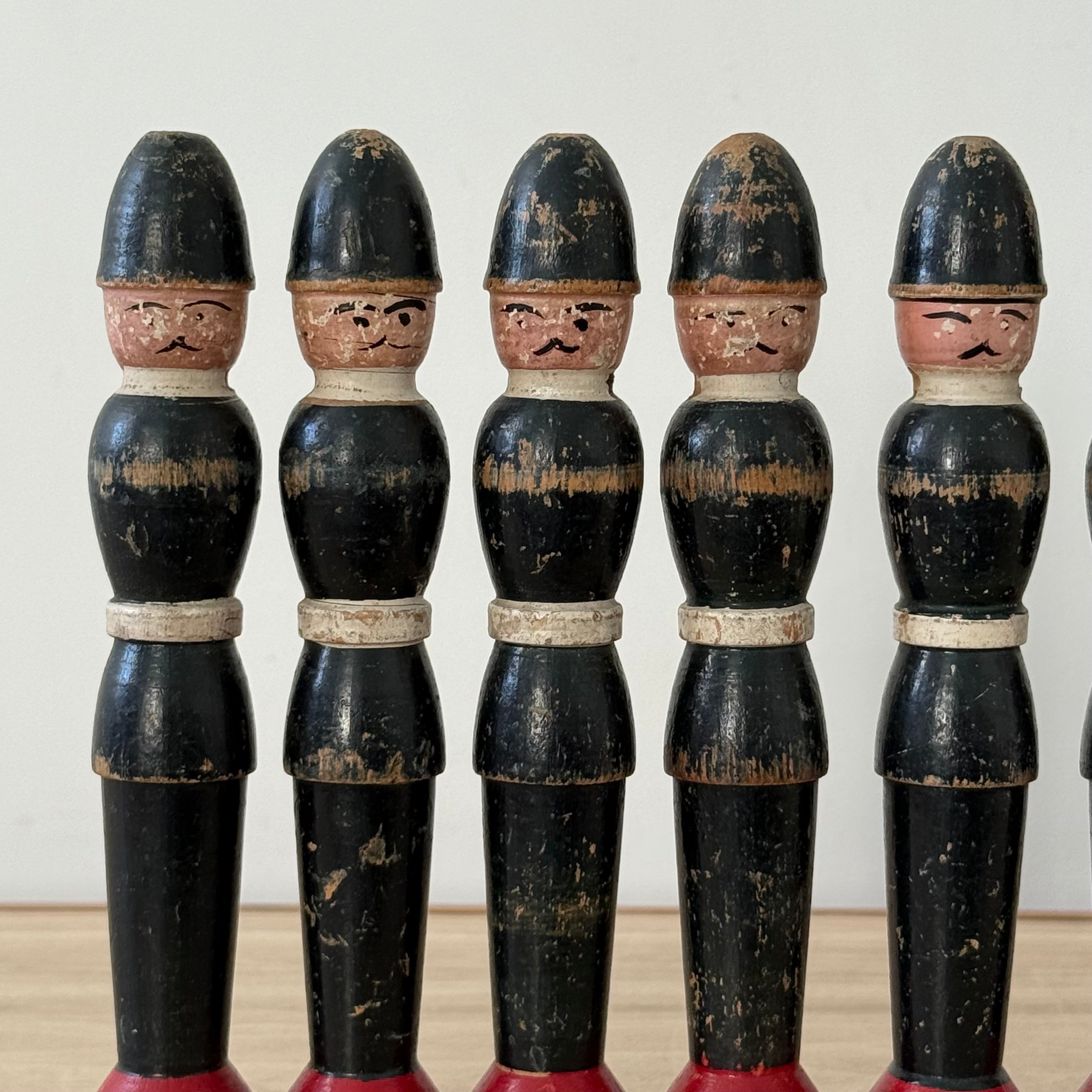 Vintage Wooden Skittles Set Hand Painted Policemen 9 Pins