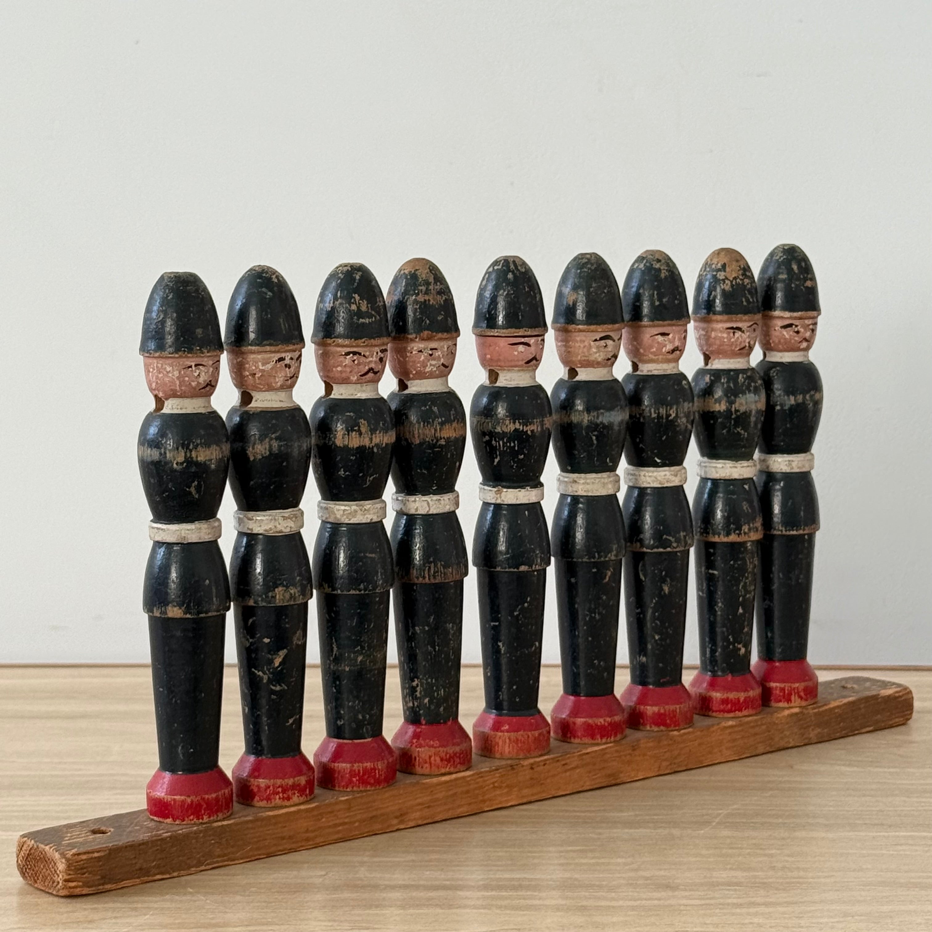 Vintage Wooden Skittles Set Hand Painted Policemen 9 Pins