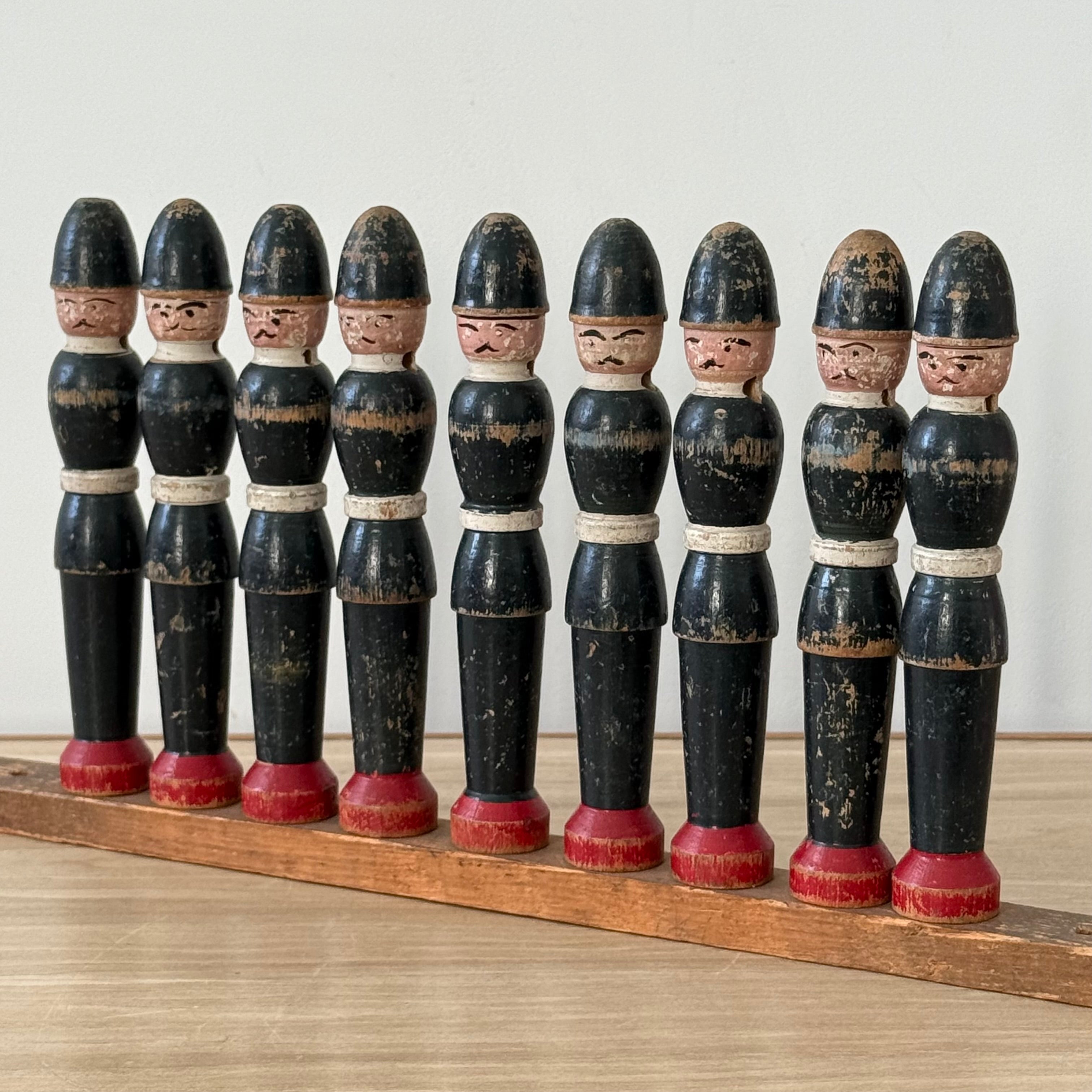 Vintage Wooden Skittles Set Hand Painted Policemen 9 Pins