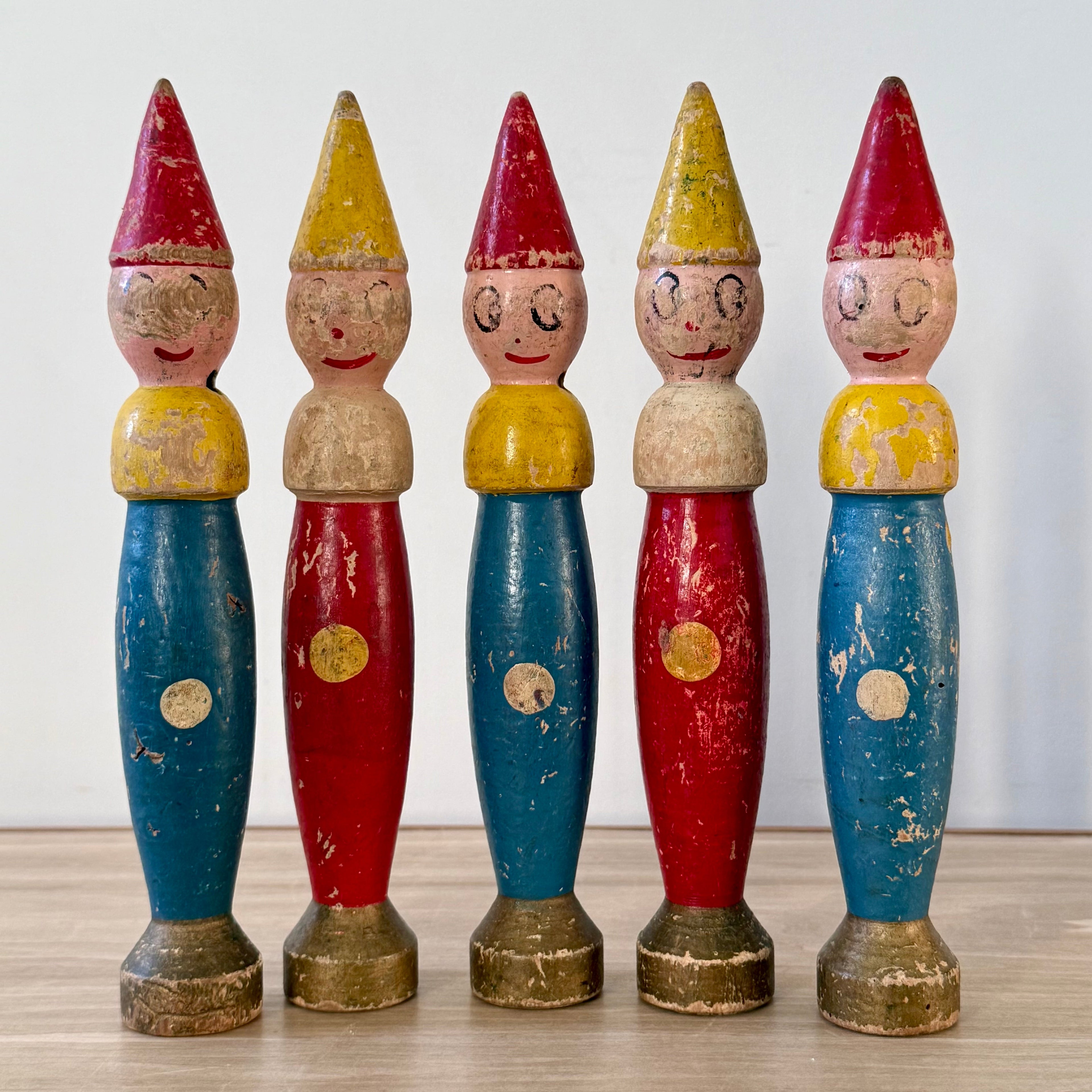 Vintage Wooden Clown Skittles Set Folk Art Fairground Style