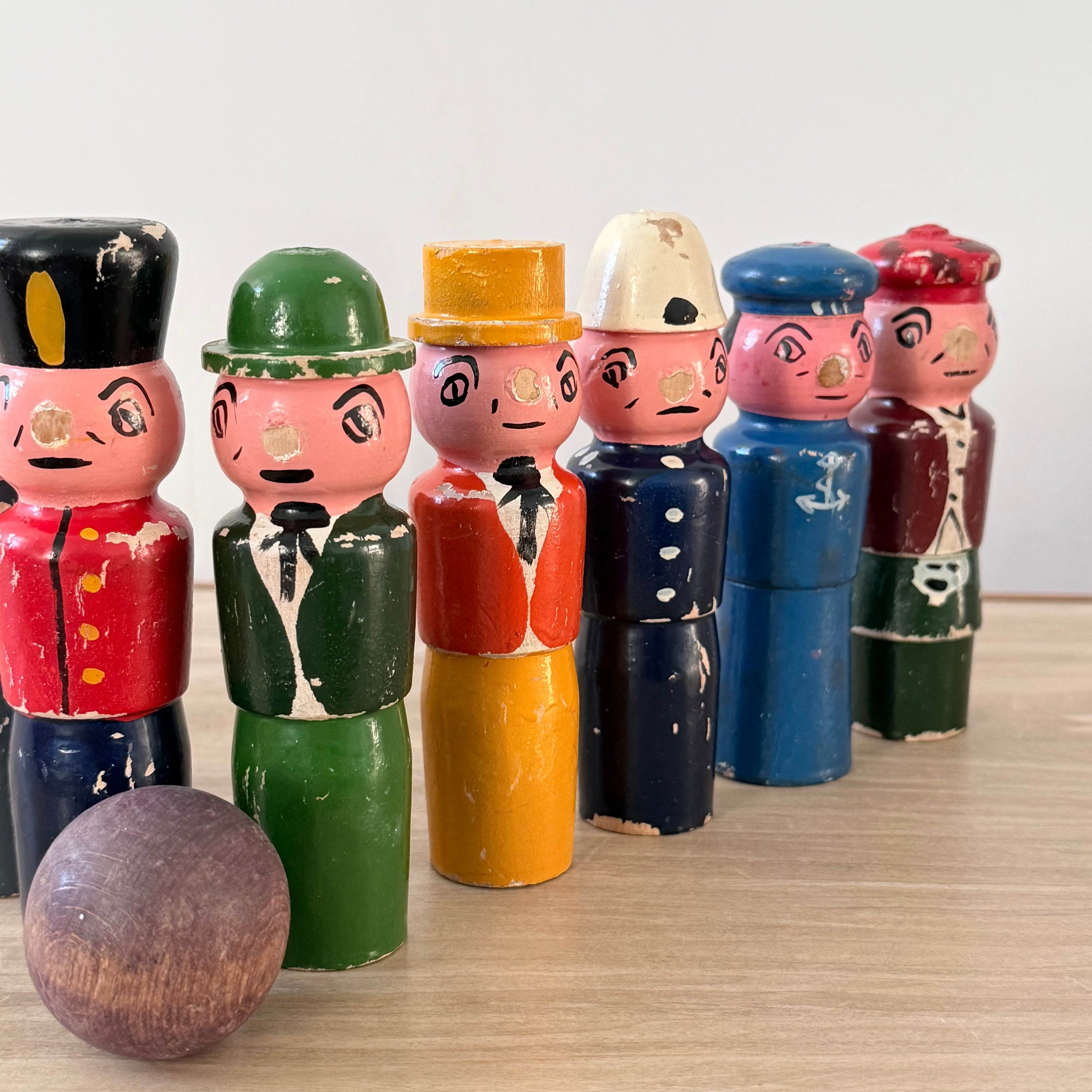 Vintage Wooden Character Skittles Set 10 Pins Hand Painted Figures Ball