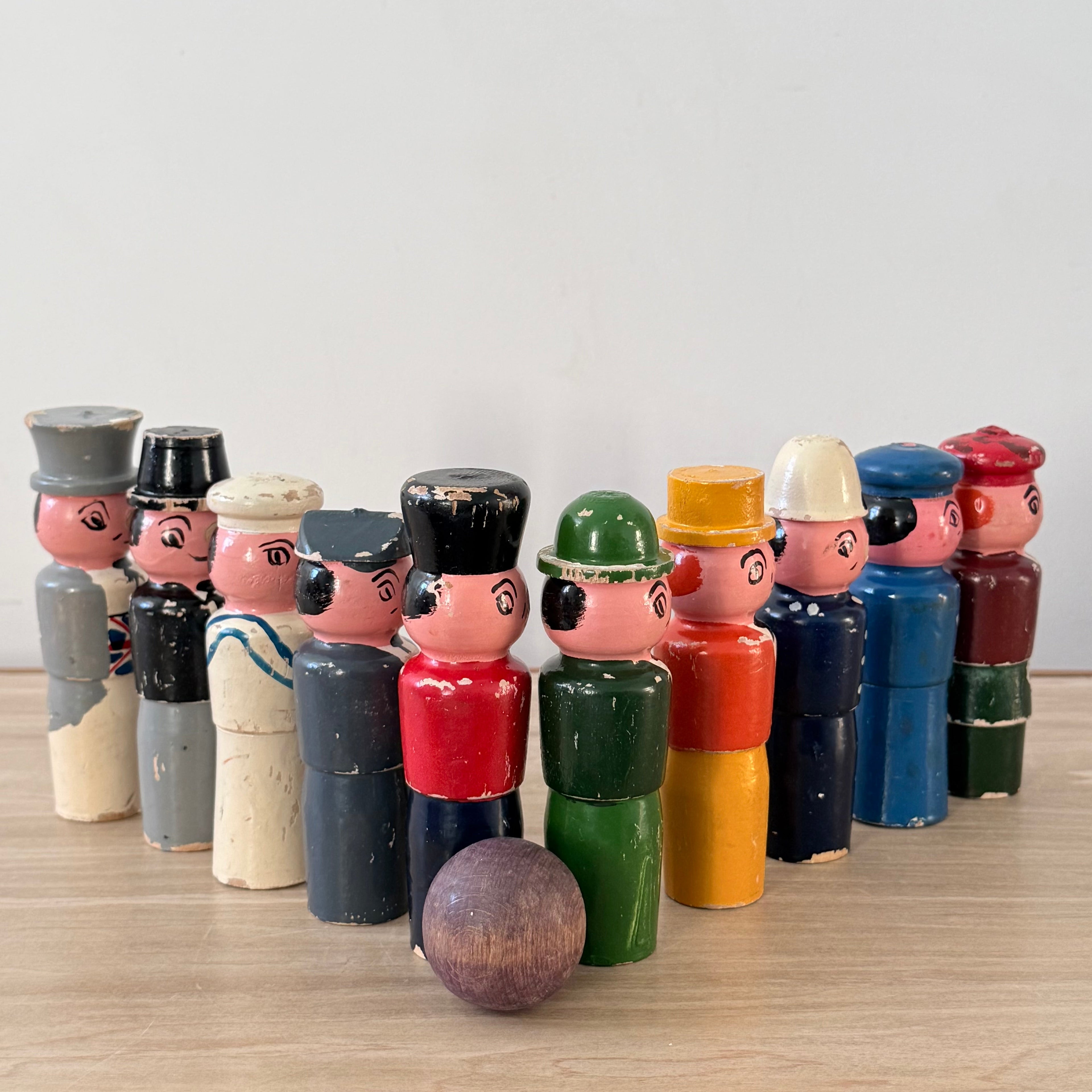 Vintage Wooden Character Skittles Set 10 Pins Hand Painted Figures Ball