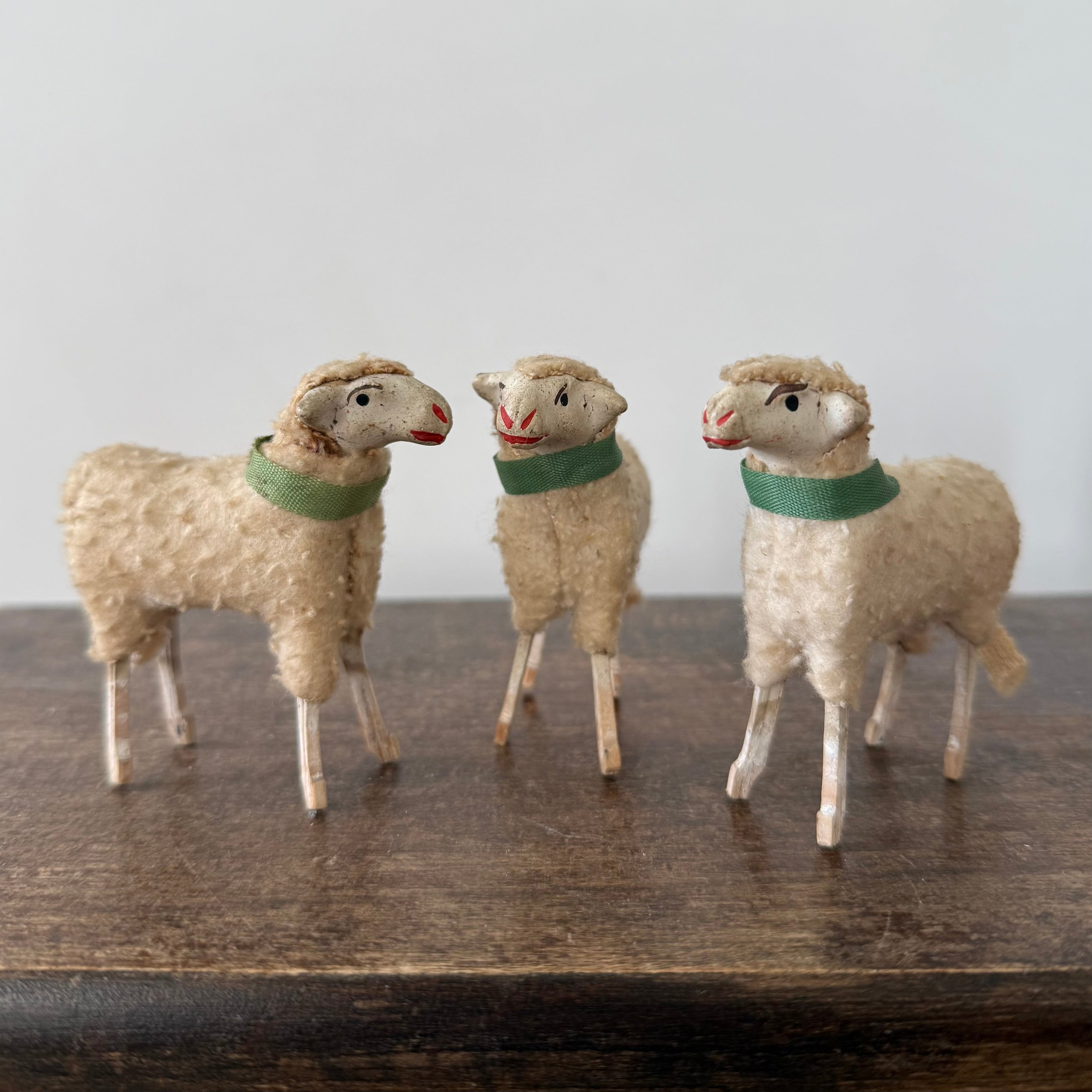 Antique German Putz Sheep Set Wool Covered Nativity Figures c1920