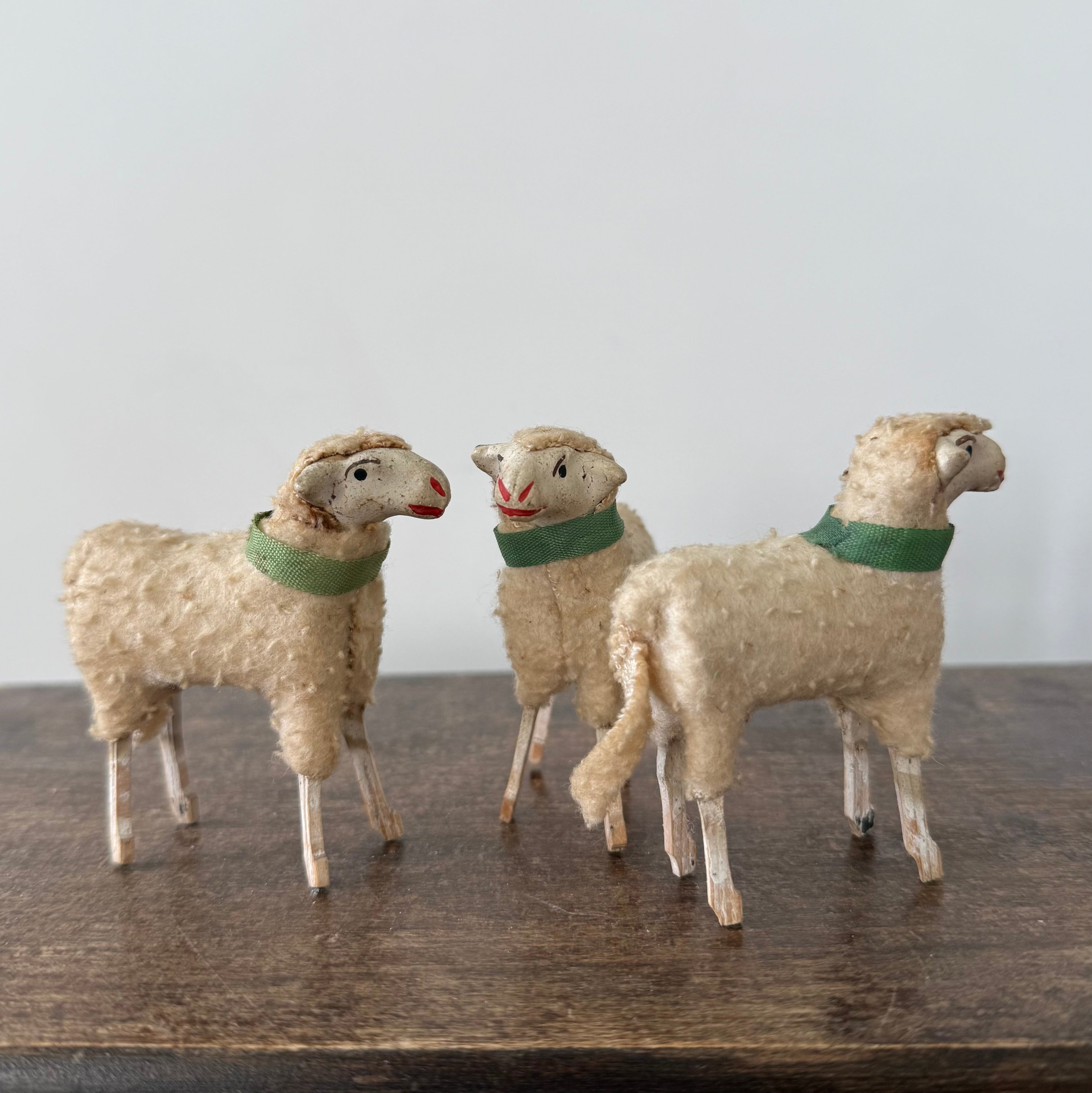 Antique German Putz Sheep Set Wool Covered Nativity Figures c1920