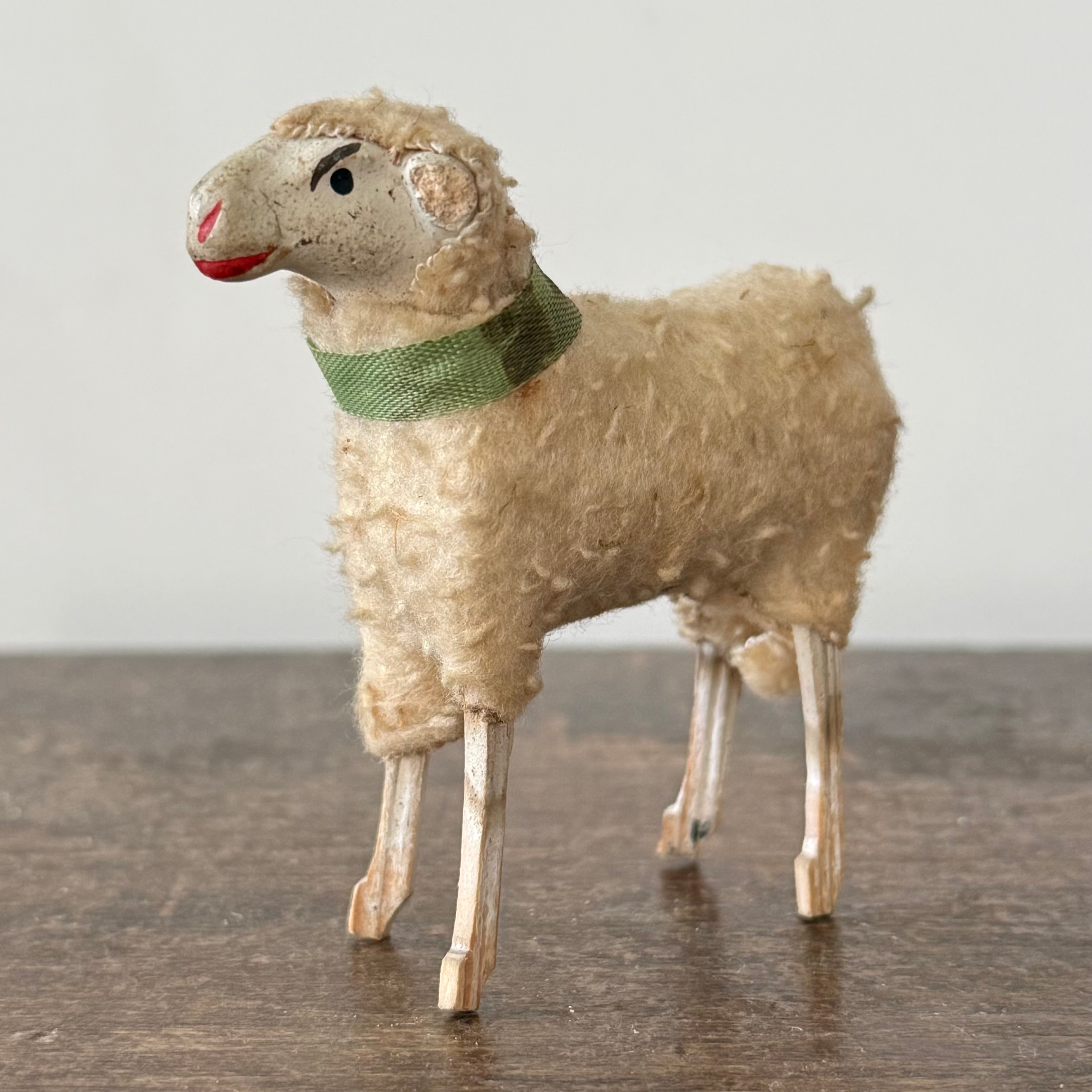 Antique German Putz Sheep Set Wool Covered Nativity Figures c1920