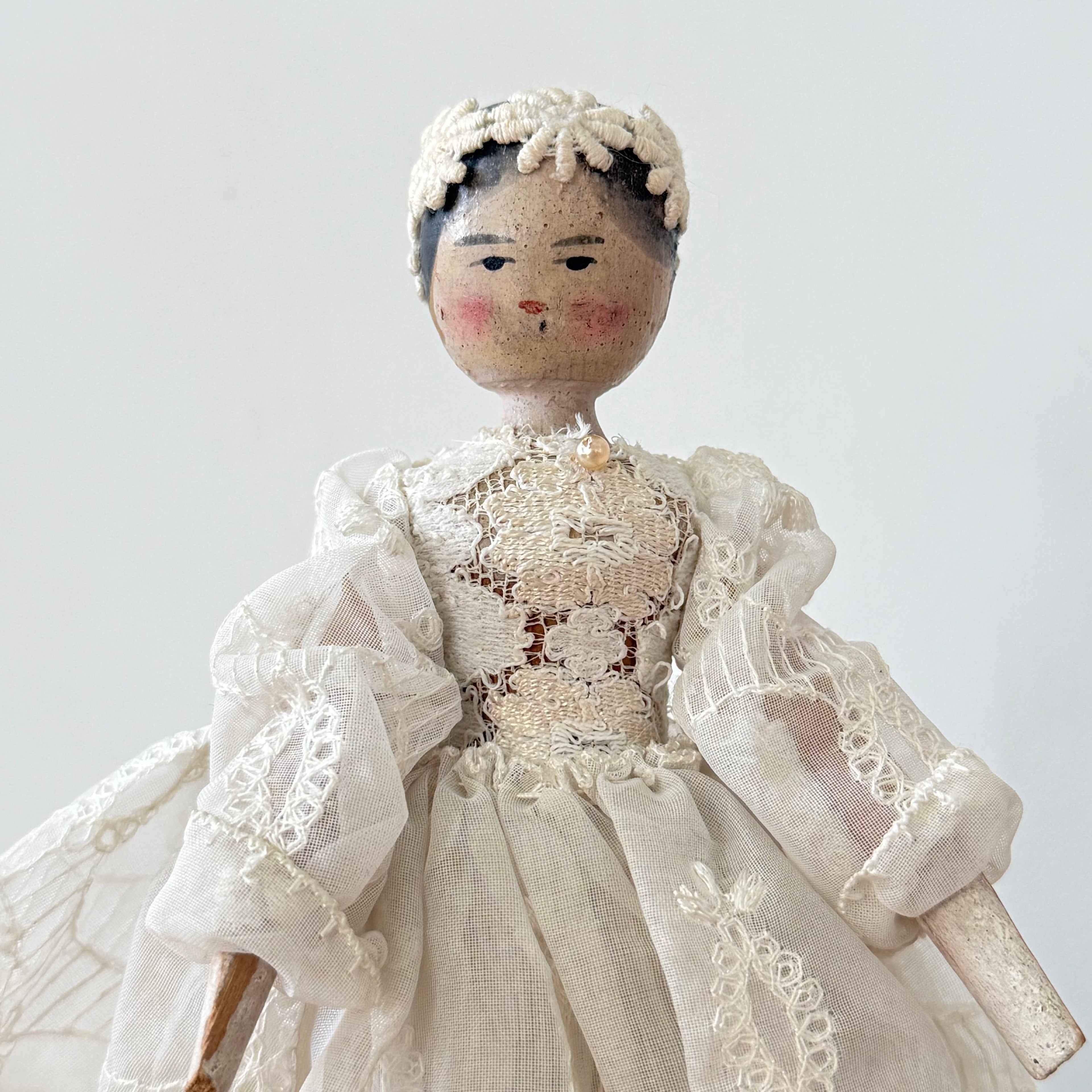 Antique Edwardian Handmade Lace Dress Peg Doll Folk Art c1910
