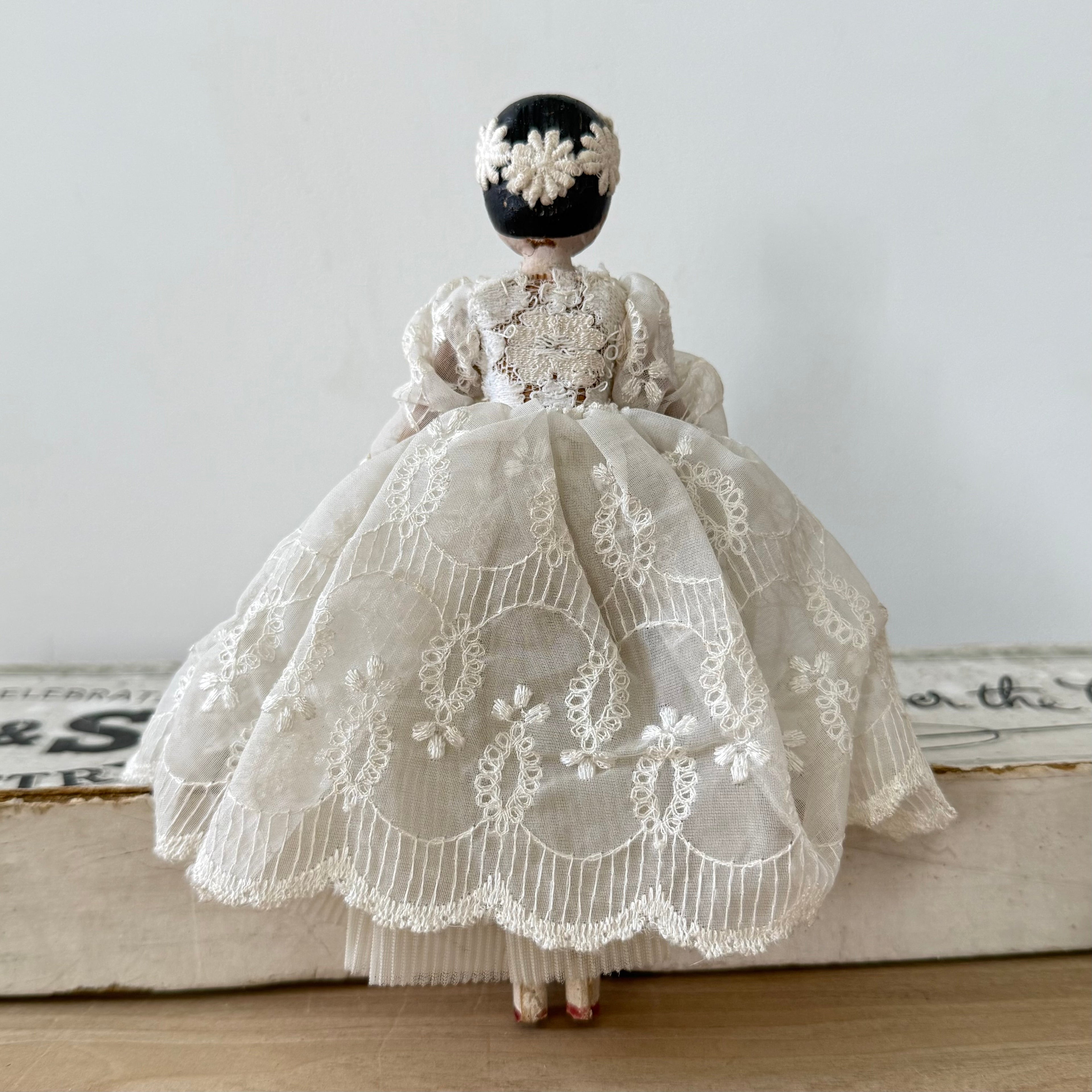 Antique Edwardian Handmade Lace Dress Peg Doll Folk Art c1910
